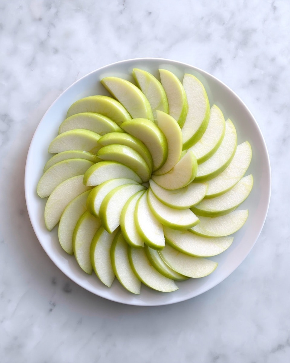 A white round plate holds two layers of light green apple slices arranged in a circular pattern on top of a white marbled surface. The bottom layer has larger apple slices placed side by side with their curved edges pointing outward, forming a ring around the plate's edge. The top layer has slightly smaller apple slices arranged inside the first layer, also curved outward, filling the center space and overlapping gently with the first layer. The apple slices have pale green skin and creamy white flesh with smooth texture. Photo taken with an iphone --ar 4:5 --v 7