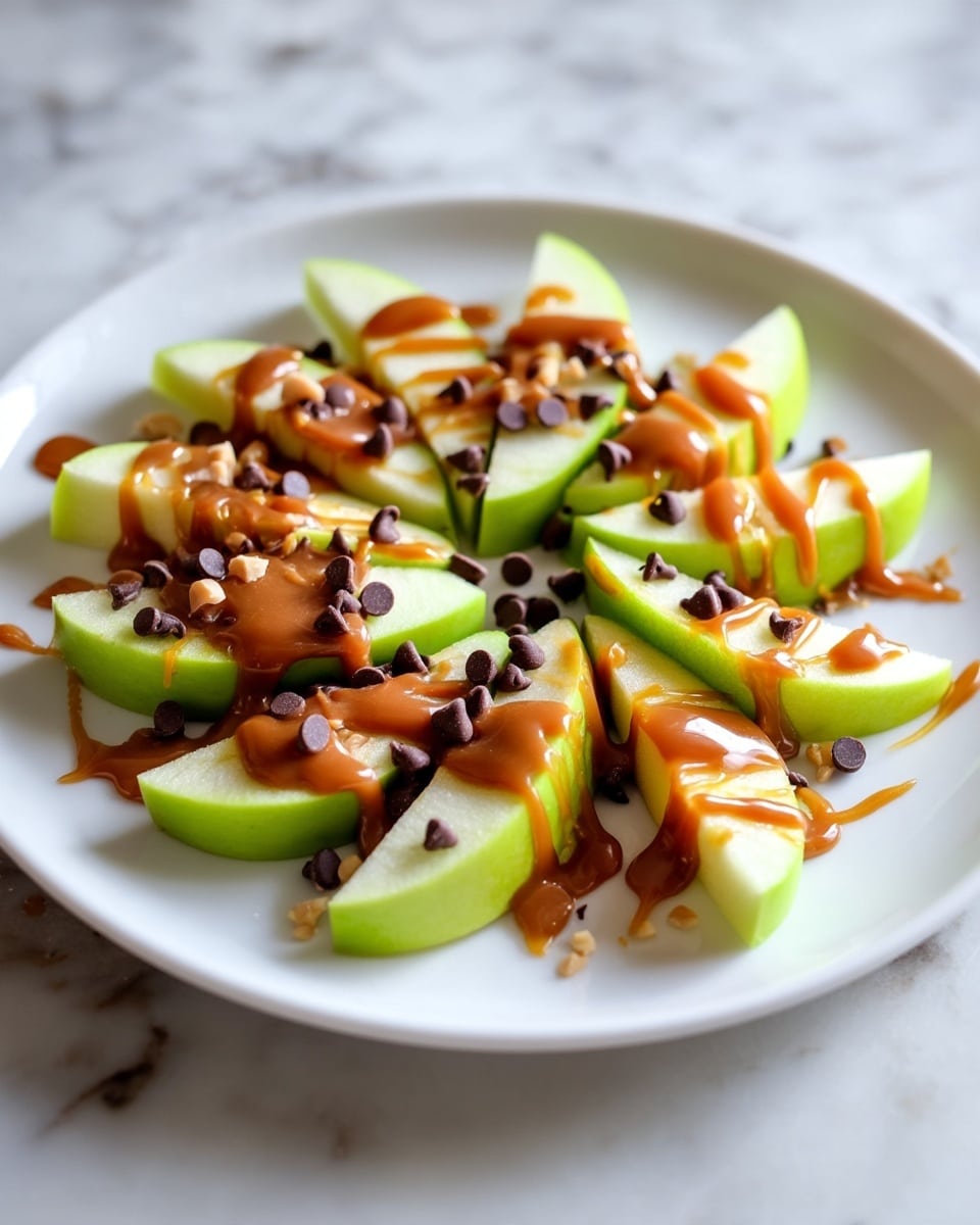 A white plate holds bright green apple slices arranged in a circle, each slice topped with thin, smooth caramel sauce in a warm brown color. Small, dark brown chocolate chips and tiny pieces of light beige nuts are scattered generously over the apples and caramel, adding texture and contrast. The background is a white marbled surface with soft lighting highlighting the glossy caramel and fresh apple skin. photo taken with an iphone --ar 4:5 --v 7