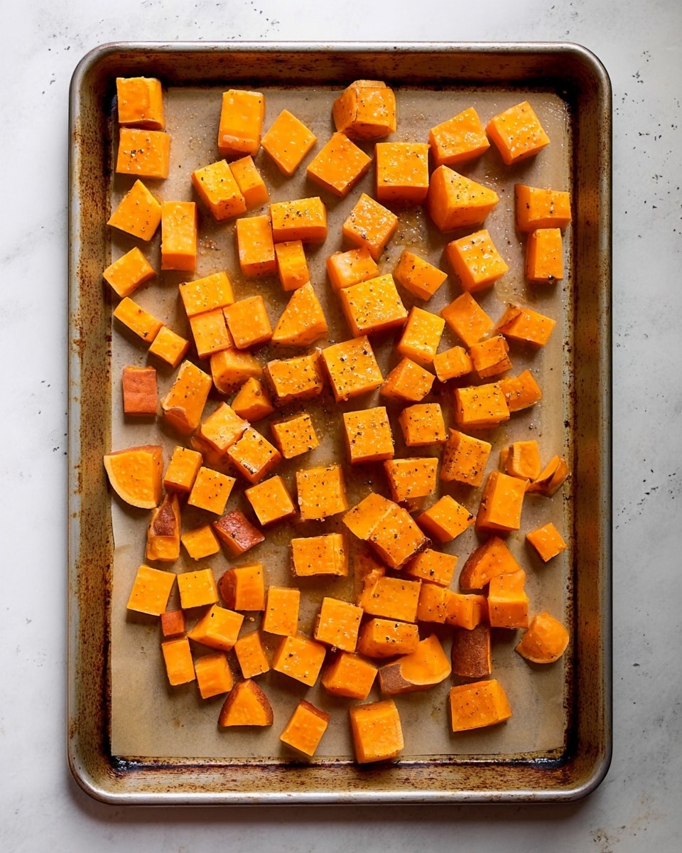 A baking tray lined with light brown parchment paper is filled with small cubes of orange sweet potato, some with skin on, spread evenly across the tray. The cubes are slightly glossy, as if lightly coated with oil or seasoning, and the tray rests on a white marbled surface. The light falling on the cubes highlights their textured surfaces and bright orange color photo taken with an iphone --ar 4:5 --v 7