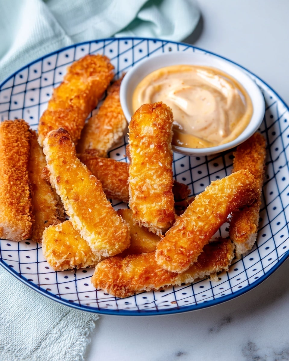 The image shows a white plate with a blue geometric pattern filled with about ten golden-brown fish sticks. The fish sticks are crispy and layered close to each other, showing their crunchy texture. On the upper right side of the plate, a small white bowl holds a creamy, pale orange dipping sauce with a smooth, swirled surface. The plate sits on a white marbled surface with a light textured cloth in the background. photo taken with an iphone --ar 4:5 --v 7