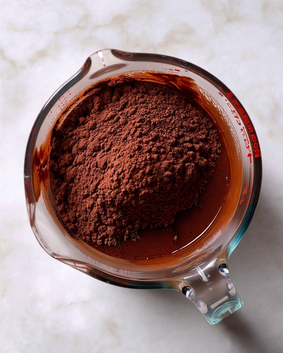 A clear glass measuring cup filled with smooth, dark brown liquid chocolate with a mound of dry, fine cocoa powder piled on top in the center, all placed on a white marbled textured surface; the cocoa powder contrasts with the shiny liquid chocolate underneath, and the glass cup has a visible handle on the right side, casting a slight shadow. photo taken with an iphone --ar 4:5 --v 7