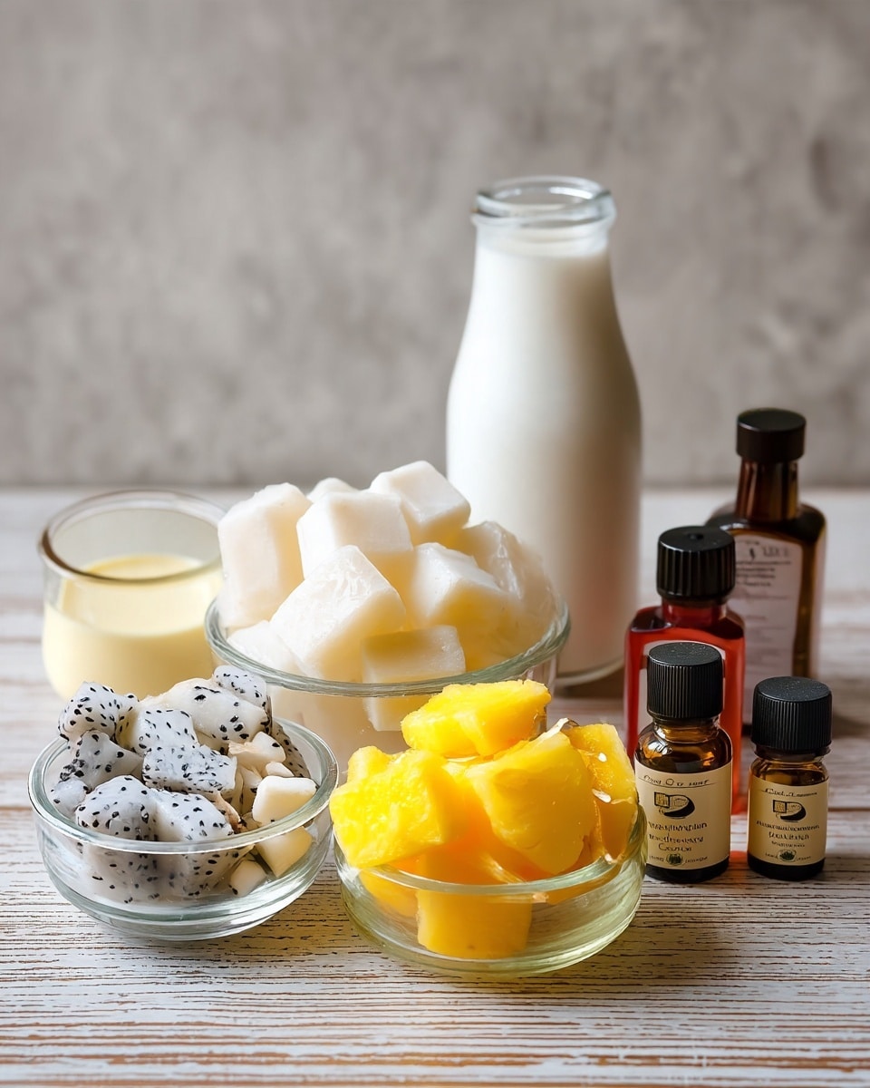 The image shows an arrangement of ingredients on a wooden table with a white marbled texture. In the front, there are two small clear glass bowls, one filled with white and black-spotted dragon fruit cubes and the other with bright yellow pineapple chunks. Behind these, there's a small glass jar of creamy yellow substance, likely a type of condensed milk or cream. Next to it, there is a clear round bowl filled with large white ice cubes. Toward the back, there is a tall glass bottle filled with white liquid, probably milk. There are also three small bottles with black caps containing different liquid flavorings or extracts placed around the ingredients. The overall setup gives a neat and fresh feeling with a focus on colorful, simple ingredients photo taken with an iphone --ar 4:5 --v 7
