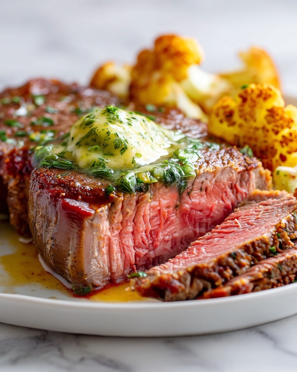 The image shows a large piece of cooked steak with a brown, slightly crispy outside and a juicy pink inside sliced into three thick pieces stacked on a white round plate. A dollop of green herb butter melting on top adds a creamy texture and fresh green and yellow colors. On the side, there are lightly browned roasted cauliflower and broccoli florets, showing a mix of creamy white, bright green, and golden brown shades. The plate rests on a white marbled texture surface. photo taken with an iphone --ar 4:5 --v 7