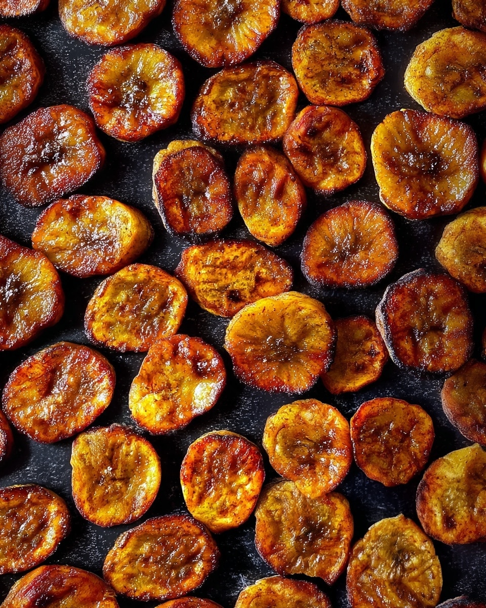 The image shows many small, round slices of fried plantains spread out evenly on a dark baking tray. Each slice is golden brown with crispy edges and a glossy, slightly oily surface. The texture looks crunchy and caramelized with varied shades of rich brown and yellow. The plantains are arranged closely but not overlapping, covering the entire tray with a neat, uniform pattern. Photo taken with an iphone --ar 4:5 --v 7