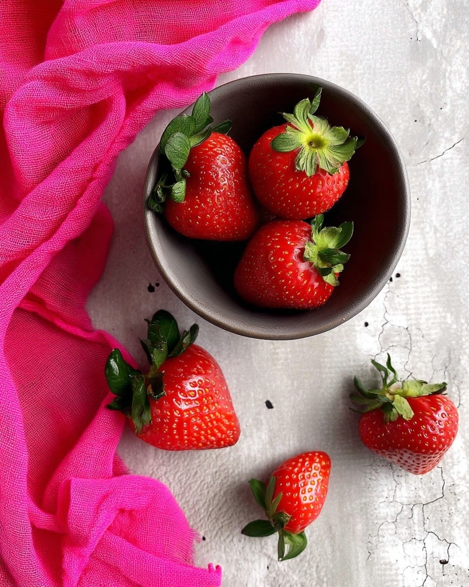 A small round bowl filled with fresh, bright red strawberries with green leaves, placed on a light grey cracked surface with a white marbled texture. Around the bowl, there are three strawberries on the surface, two resting on a bright pink cloth that is softly folded and wrinkled, and one placed alone on the surface to the right. The colors stand out clearly against the neutral background, highlighting the freshness and vibrancy of the strawberries. Photo taken with an iphone --ar 4:5 --v 7