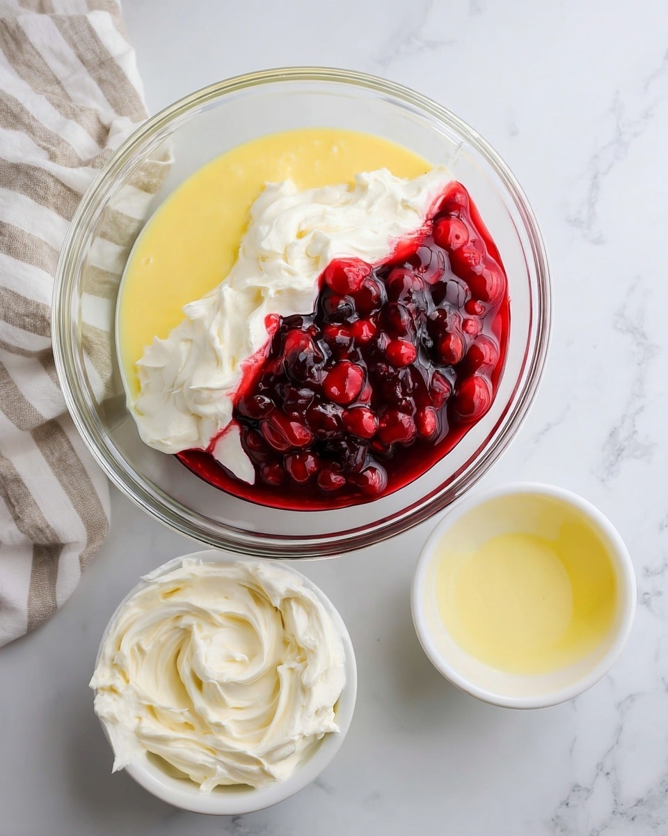 A clear glass bowl shows three layers of ingredients: a yellow creamy base at the bottom, a thick white whipped layer on one side, and a thick red berry sauce with visible whole berries on the other side. Around the main bowl, there are three small white bowls containing smooth white cream, red and white swirled cream, and a small amount of pale yellow liquid. The items are placed on a white marbled surface with a striped cloth partially visible on the left side. photo taken with an iphone --ar 4:5 --v 7