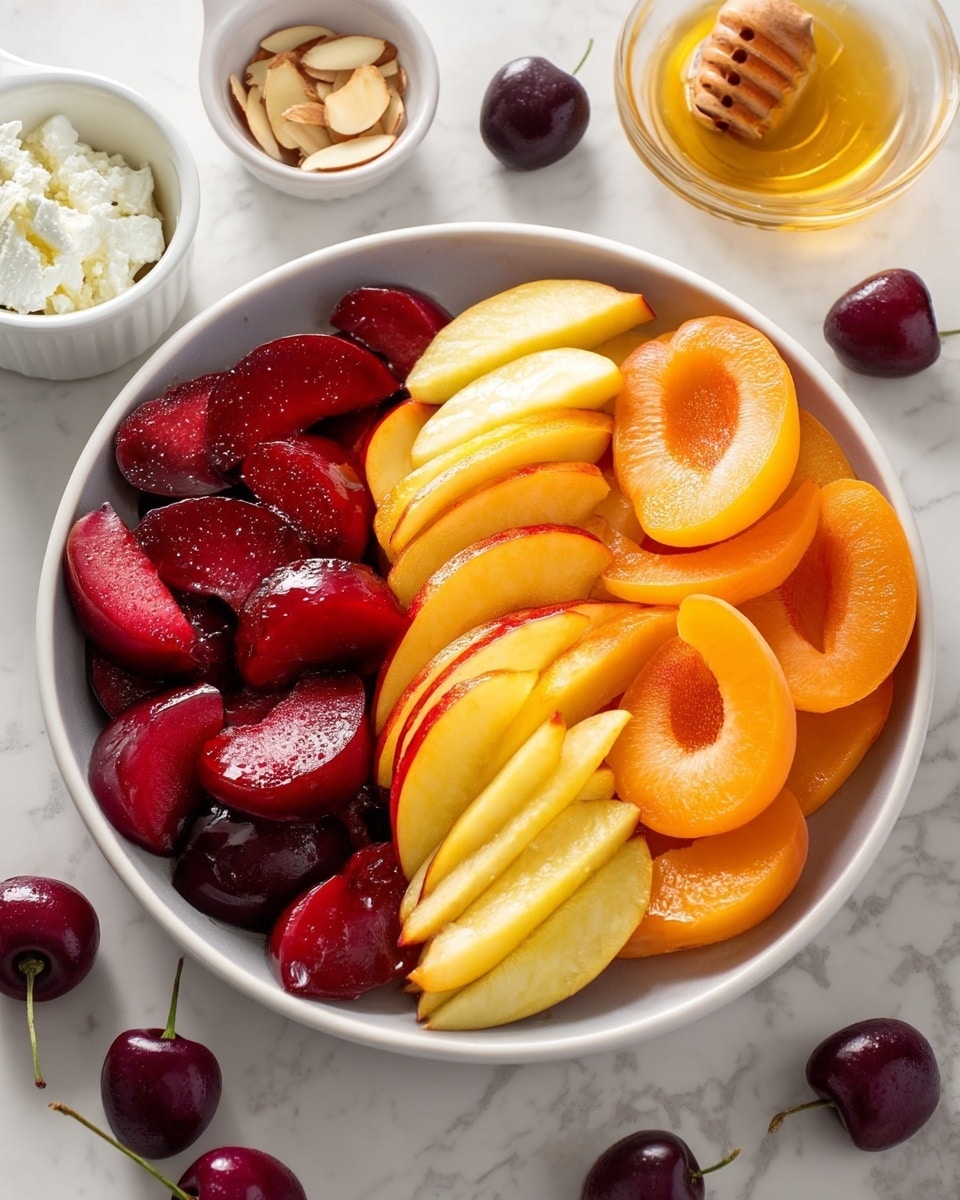A white shallow bowl holds four sections of fruit slices arranged side by side. Starting from the left, there are dark red plum wedges with shiny, smooth skin and juicy interiors, then moving right are light yellow peach slices with soft textures and reddish edges. Next are orange apricot slices with smooth surfaces, and finally, the rightmost section has light yellow apple slices with red edges, all neatly layered. Around the bowl are small white bowls: one with white crumbly cheese, one with clear golden honey, and another with almond slices, plus a few dark red cherries scattered on a white marbled surface. photo taken with an iphone --ar 4:5 --v 7