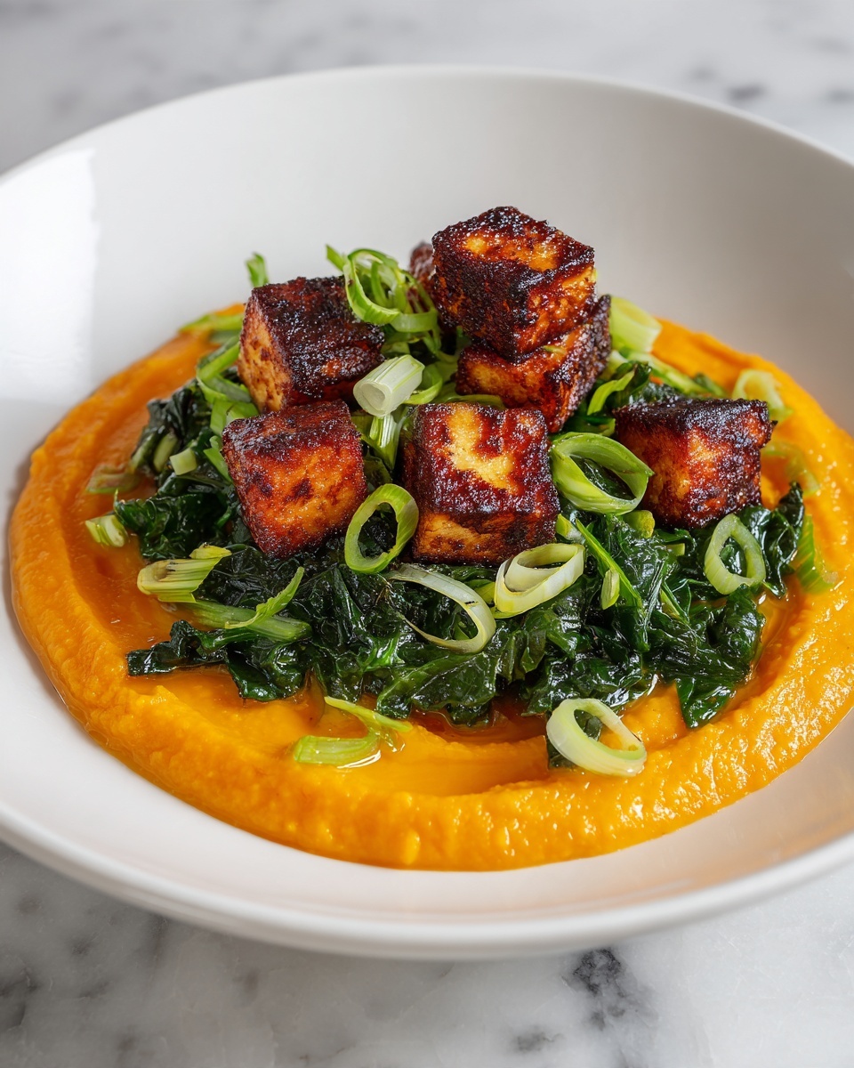 A white plate holds a smooth, bright orange puree spread evenly in a circular shape. On top of the puree is a generous layer of dark green sautéed leafy greens with a slightly glossy texture, mixed with thin slices of green onion. Resting on the greens are several golden-brown, crispy fried cubes with a crunchy texture and uneven surfaces, showing darker charred spots. The arrangement layers the puree on the bottom, the sautéed greens in the middle, and the crispy cubes on top, creating a colorful, textured dish. The scene is set against a white marbled background, photo taken with an iphone --ar 4:5 --v 7