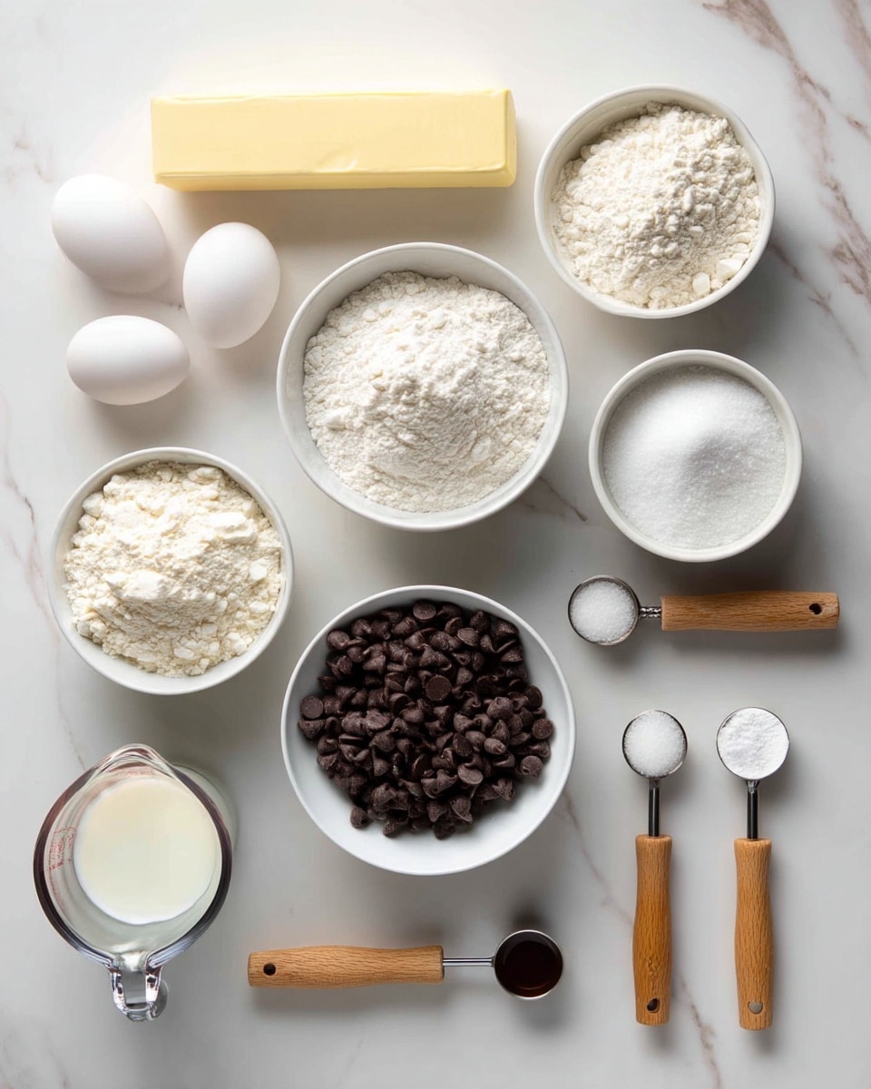 The image shows baking ingredients arranged neatly on a white marbled surface. There are two white eggs placed near the center left. Above the eggs is a stick of butter with a light yellow wrapper. To the right of the butter are two white bowls filled with flour, with wooden-handled measuring scoops inside. Below these bowls are three smaller wooden-handled measuring scoops containing white powders like baking soda, salt, and sugar. A white bowl filled with dark brown chocolate chips sits in the middle. At the bottom left, a glass measuring cup contains milk, and next to it on the right is a small wooden-handled measuring scoop with vanilla extract. The whole setup is clean and organized, showing all the basic ingredients needed for baking. photo taken with an iphone --ar 4:5 --v 7