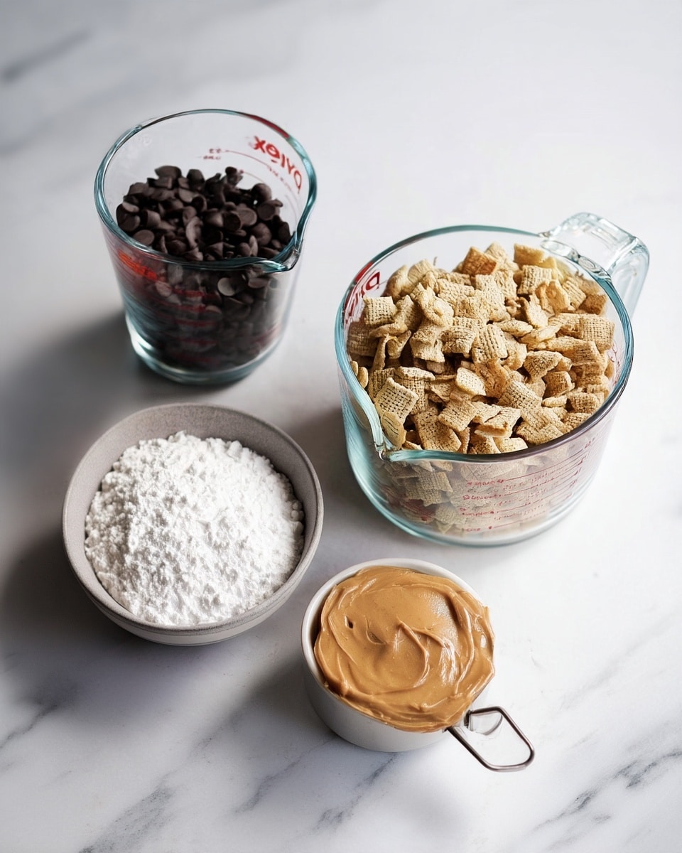 The image shows four containers arranged on a white marbled surface. The first is a large clear glass measuring cup filled with square cereal pieces that are light brown and textured, sitting at the top right. Next to it at the top left is a similar measuring cup filled with small dark brown chocolate chips. Below, on the bottom left, there is a small white bowl filled with fine white powder. On the bottom right, there is a small round container filled with creamy light brown peanut butter with a smooth surface. photo taken with an iphone --ar 4:5 --v 7