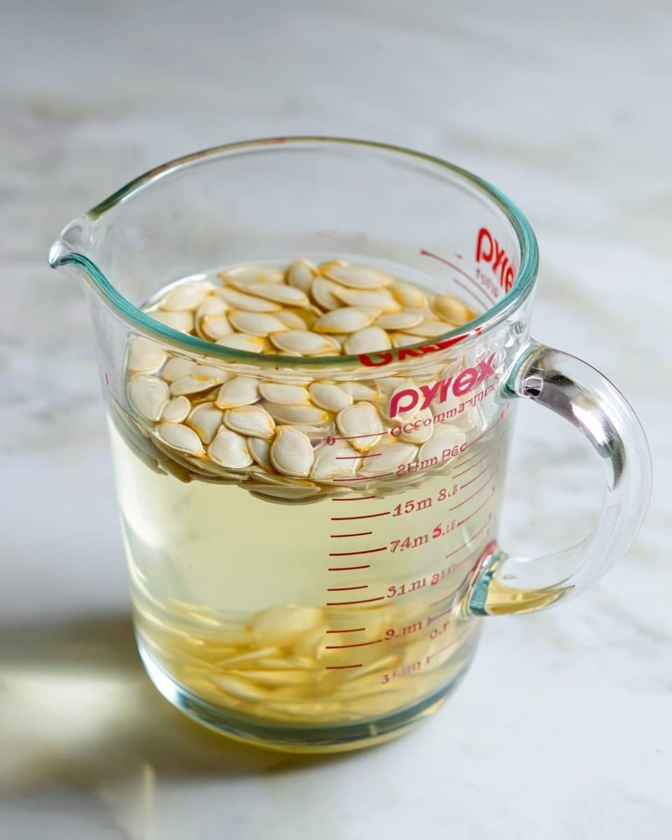 A clear glass measuring cup filled nearly to the top with pale yellowish liquid, on the surface floats a single layer of white pumpkin seeds with a slight yellow tint lightly soaked, the cup shows red measurement markings and is set on a white marbled texture background photo taken with an iphone --ar 4:5 --v 7