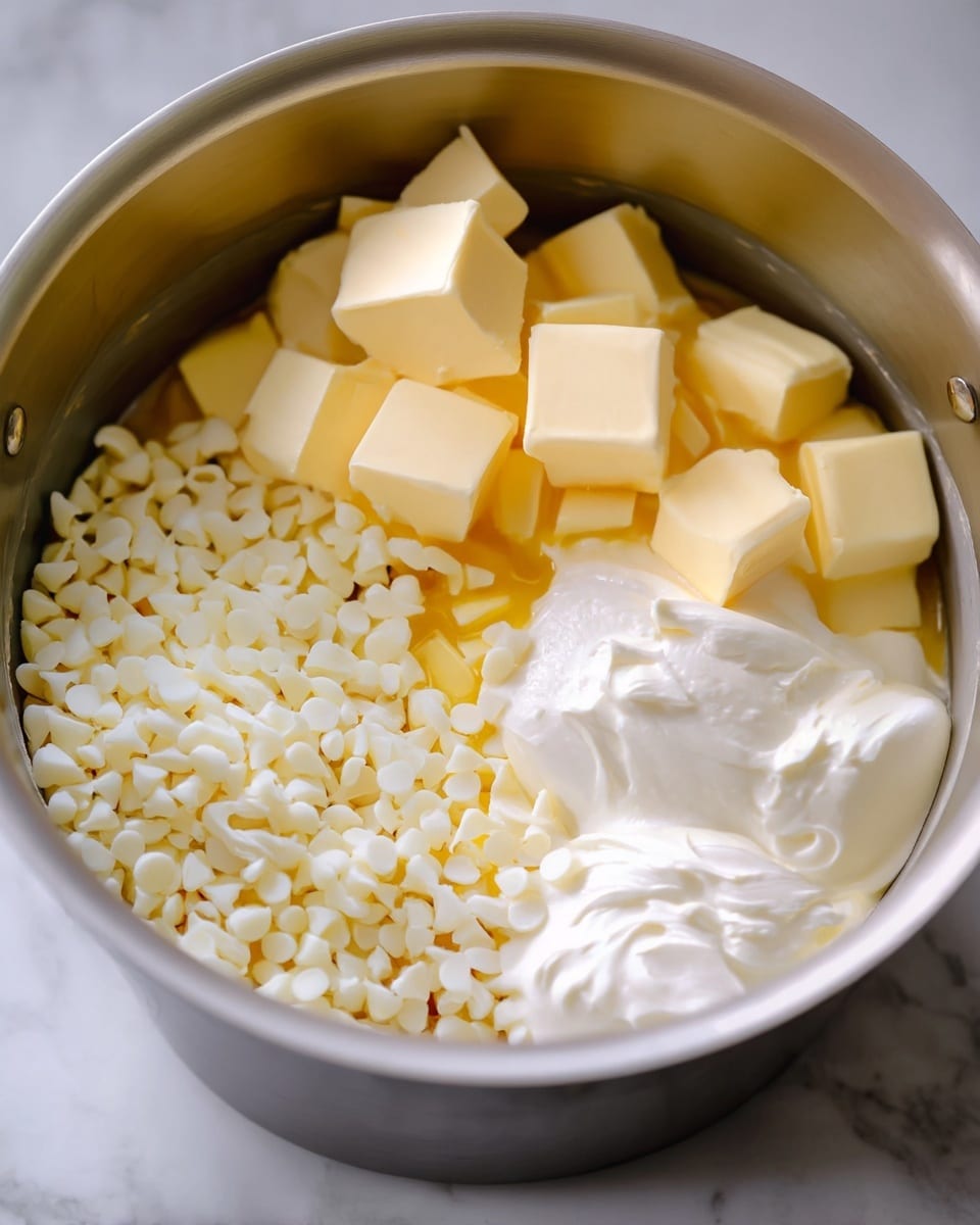 A close-up view of a silver pot filled with three distinct layers of ingredients. On the left side, there is a large pile of small white chips with a smooth texture. On the top center and right side, there are multiple cubes of light yellow butter, evenly spread. On the bottom right, a thick white creamy substance is placed in a large dollop. The pot rests on a white marbled surface. photo taken with an iphone --ar 4:5 --v 7