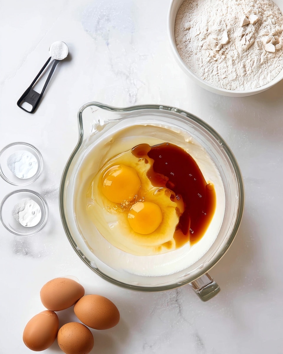 A clear glass mixing bowl sits on a white marbled surface, filled with a smooth white batter layer. On top, two raw eggs with bright yellow yolks are placed side by side, partially surrounded by translucent honey-colored syrup on one side and a dark brown vanilla liquid on the other side. Around the bowl, various ingredients are placed: a white bowl filled with light beige flour above, a small black and white measuring spoon with white powder in it on the left, two small clear glass bowls with white powder below it, and a white bowl holding three brown eggs next to the glass bowl. The whole scene is bright and clean with soft natural light. photo taken with an iphone --ar 4:5 --v 7