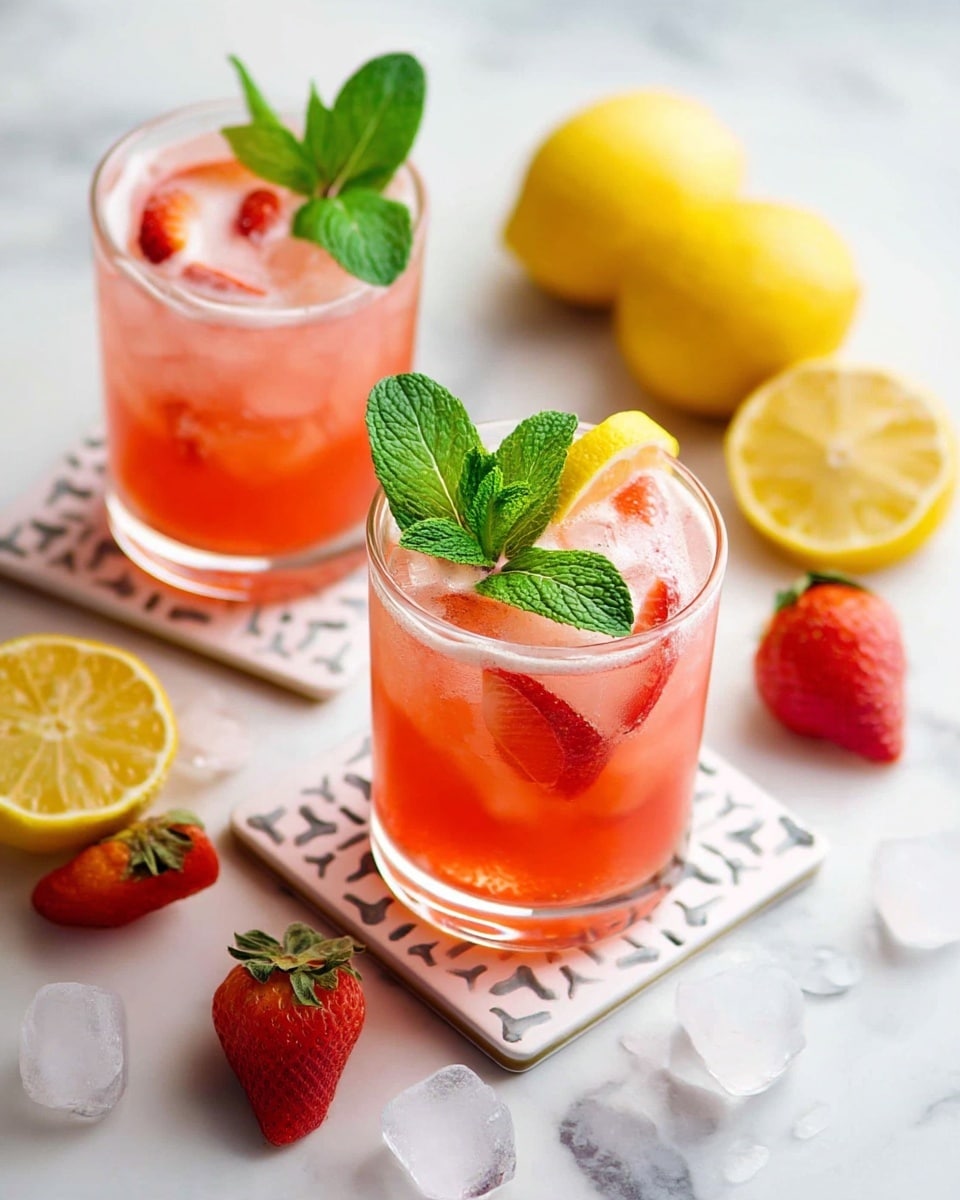 The image shows two clear glasses filled with a pink strawberry lemonade drink, each glass placed on a small white square coaster with a subtle pattern. Inside each glass, visible strawberry pieces and a lemon slice add bright red and yellow colors to the pink beverage. Each drink is topped with a sprig of fresh green mint leaves. Scattered around on the white marbled surface are whole strawberries, whole lemons, lemon halves, and ice cubes, creating a fresh and colorful scene. The photo taken with an iphone --ar 4:5 --v 7