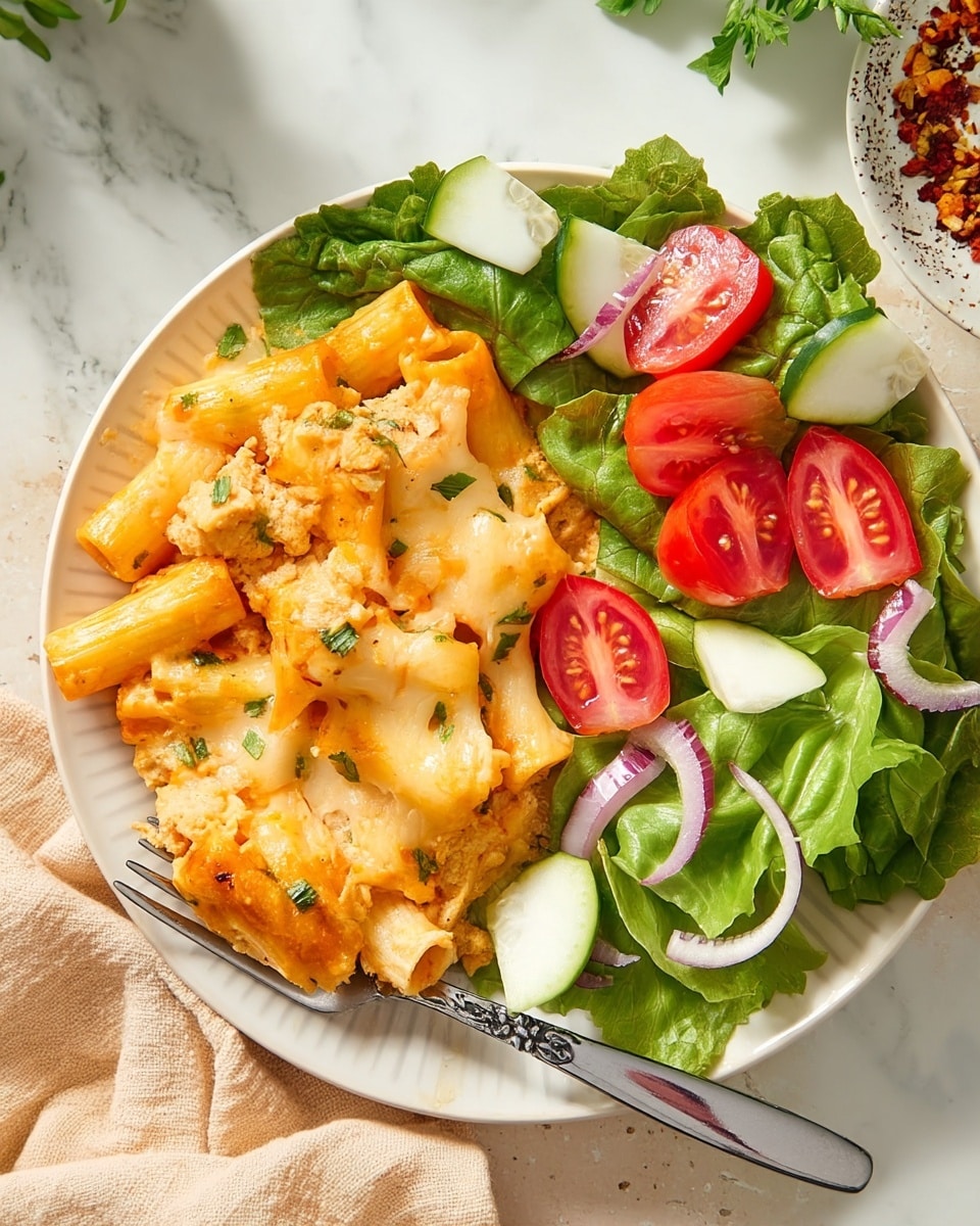 The image shows a white round plate with two main sections: the left side holds a baked pasta dish made of rigatoni covered in melted pale yellow cheese and a creamy orange sauce, with small green herb bits sprinkled on top, and a silver fork partly stuck into the pasta; the right side has fresh green lettuce leaves as a base, topped with bright red halved cherry tomatoes, pale green cucumber slices, and thin slices of purple onion, all sitting on a white marbled surface with a beige cloth nearby and a second white plate with more pasta partly visible in the top left corner, also showing a sprinkling of herbs on the cheesy pasta; the overall lighting is natural and bright. photo taken with an iphone --ar 4:5 --v 7