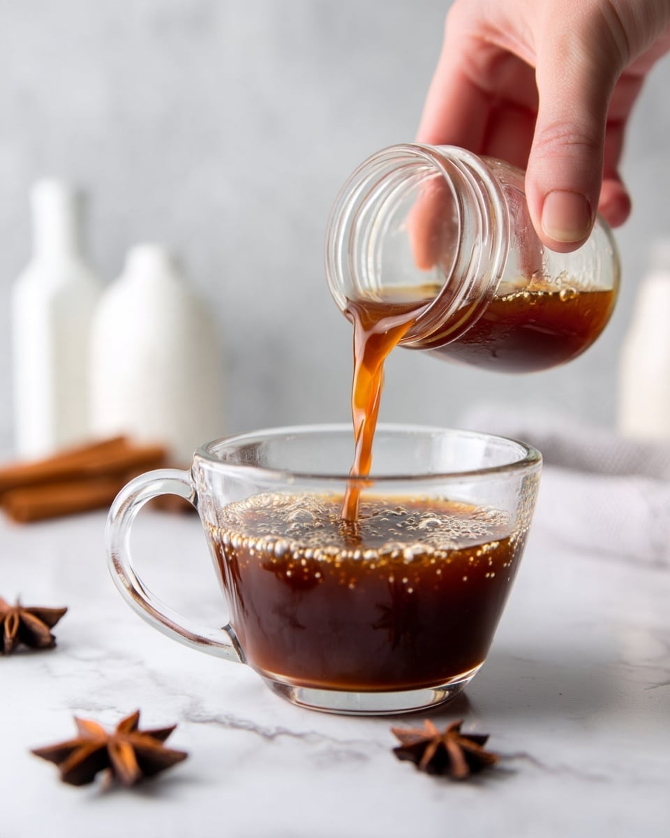 A clear glass cup is half filled with a dark brown liquid that is being poured from a small glass jar held by a woman's hand angled above it; the liquid flows in a smooth thin stream into the cup, creating bubbles on the surface. The cup sits on a white marbled surface with star anise nearby and blurred white bottles in the soft light background. The scene has a clean, bright, and fresh look with a soft texture. photo taken with an iphone --ar 4:5 --v 7