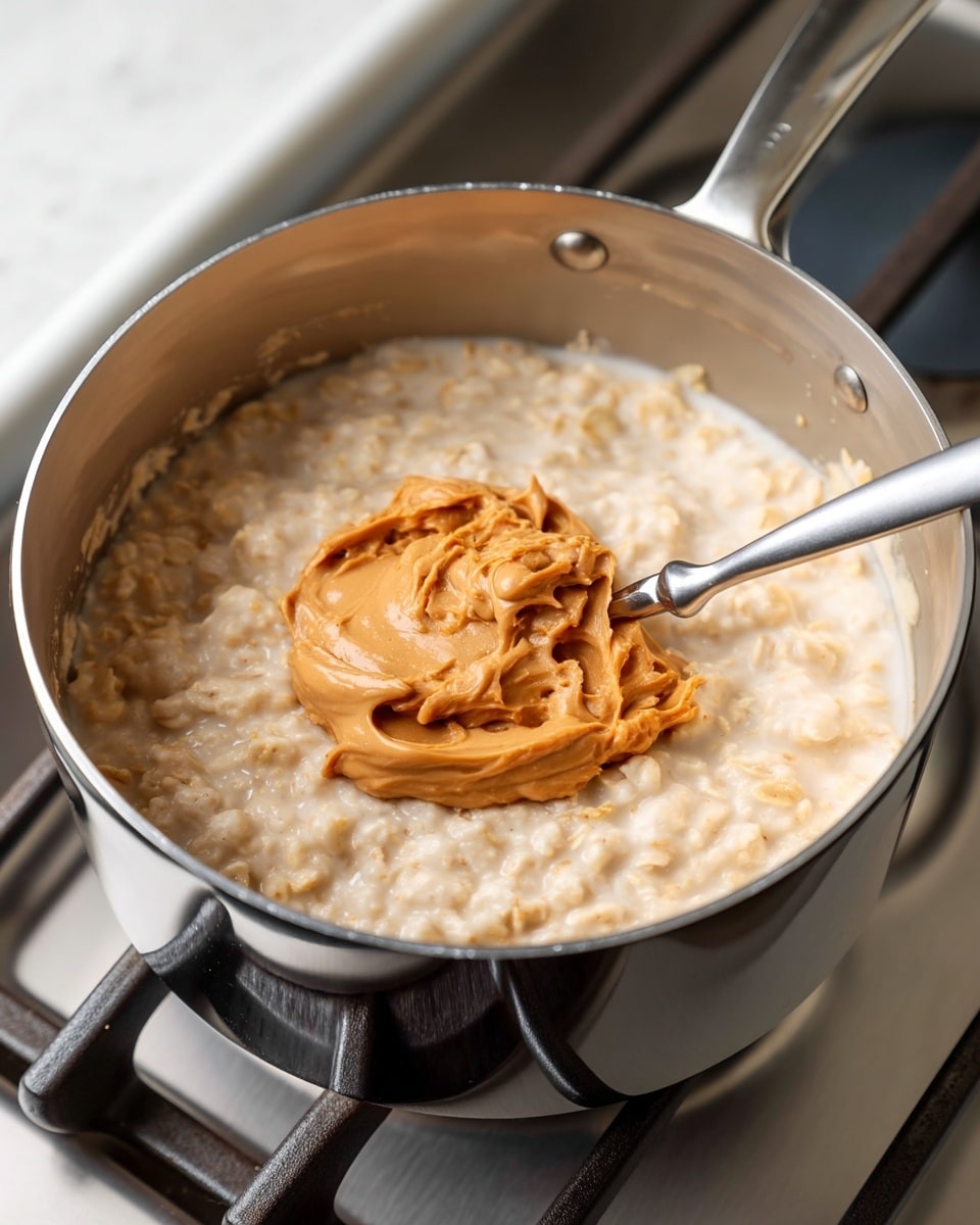 A close-up of a pot on a stove filled with creamy oatmeal, showing the oats soft and lightly mixed in a thick cream-colored base. On top, in the center, there is a sizeable dollop of light brown peanut butter resting with a slightly chunky texture, ready to be stirred in. A silver spoon is partially dipped into the peanut butter. The stove grates and burner are visible below the pot. The scene has a homey, warm feeling. photo taken with an iphone --ar 4:5 --v 7