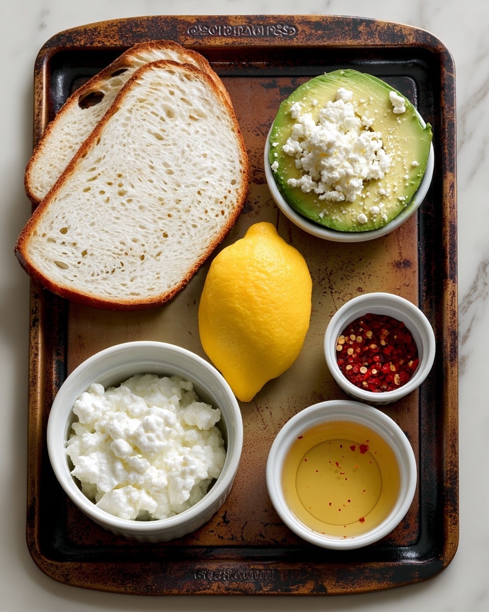 The image shows a rusty metal baking tray on a white marbled surface, holding simple ingredients: two slices of white bread with a soft texture stacked on the left side; a bright yellow lemon and a dark green avocado placed diagonally near the center and right bottom corner; a white ramekin filled with white cottage cheese near the bottom left; and two smaller white ramekins near the top right corner containing red pepper flakes and light golden honey. The setup is clear, with each item neatly arranged and easy to see, photo taken with an iphone --ar 4:5 --v 7