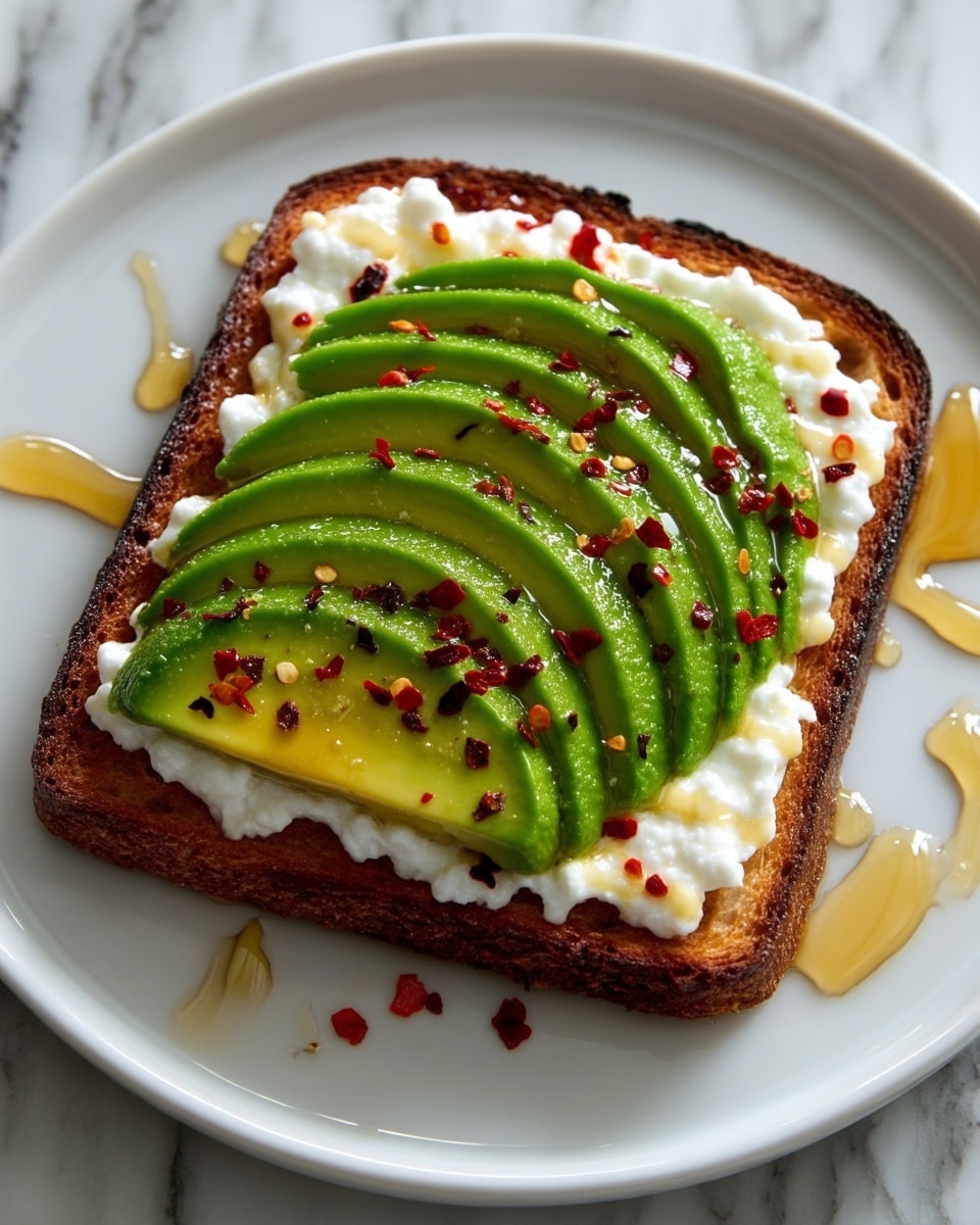 A single slice of toasted bread with a dark brown crust forms the base on a white plate. On top, there is a thick, even layer of white cottage cheese spread across the toast. Over the cottage cheese, there are several thin, overlapping slices of bright green avocado arranged in a neat line down the center. Small red chili flakes are scattered on the avocado and cheese, providing red specks against the green and white. Drizzles of golden honey are lightly spread over the toast and on the plate around it. The plate sits on a white marbled surface. photo taken with an iphone --ar 4:5 --v 7