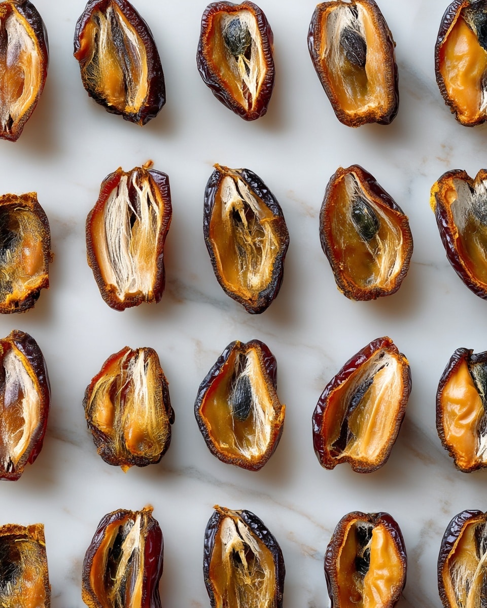 The image shows 20 halves of dried dates arranged in neat rows on a white marbled surface. Each date is split open, revealing the inner fibrous texture that is a mix of light tan, golden, and dark brown colors. The outer skin of the dates is dark brown and slightly wrinkled, and the inner flesh appears glossy and sticky with a mixture of smooth and stringy areas. The dates are evenly spaced, emphasizing their organic shape and natural variation in size and texture. Photo taken with an iphone --ar 4:5 --v 7