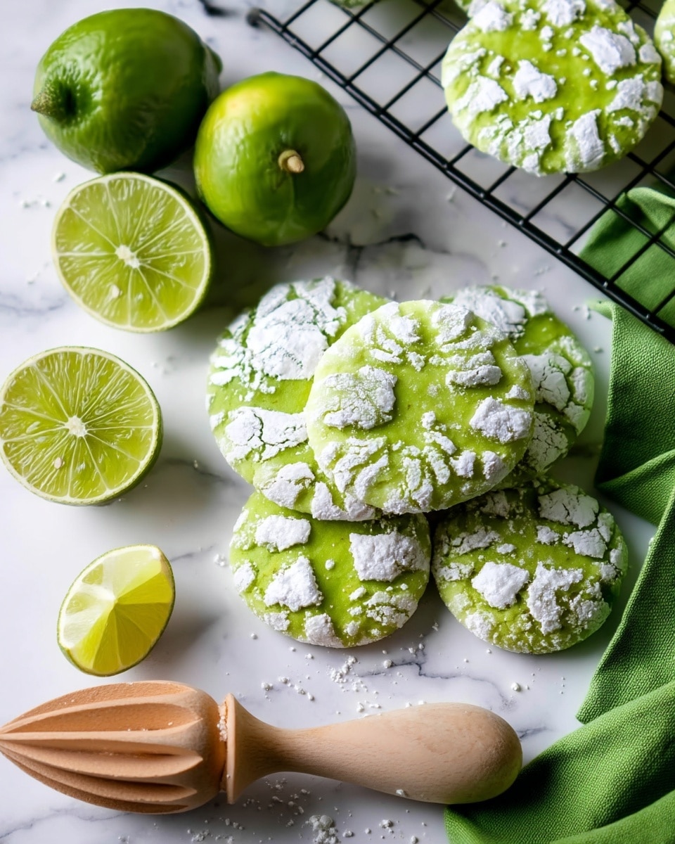 The image shows bright green round cookies with a cracked surface covered in patches of white powdered sugar, arranged in a loose pile on a white marbled surface. Nearby, there are two whole limes and one lime cut in half and in a wedge shape, all bright green with textured skin and juicy inside. A light wooden citrus reamer lies diagonally in the foreground. In the top right corner, a section of a cooling rack holds more cookies, and a green cloth napkin peeks out from under the rack. The overall scene is fresh and colorful with strong contrasts between the green cookies, limes, and white powdered sugar. photo taken with an iphone --ar 4:5 --v 7