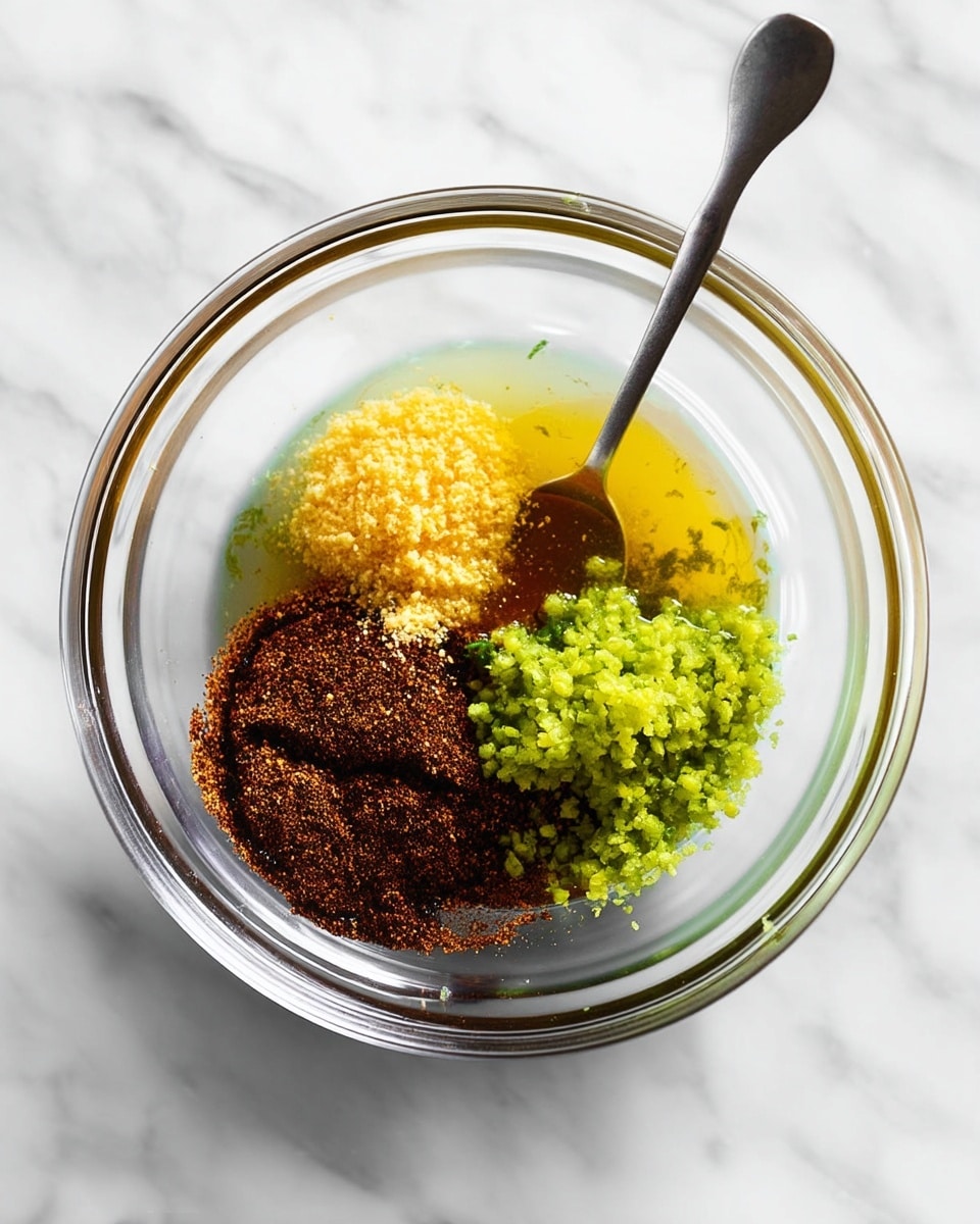 A clear glass bowl holds four separate ingredients before mixing: a mound of dark brown spice in the lower left, a yellow granular powder next to it on the right, a small heap of bright green zest in the upper left, and a thick golden liquid partially mixed around the yellow powder, all set on a white marbled surface with a large metal spoon placed above the bowl. photo taken with an iphone --ar 4:5 --v 7