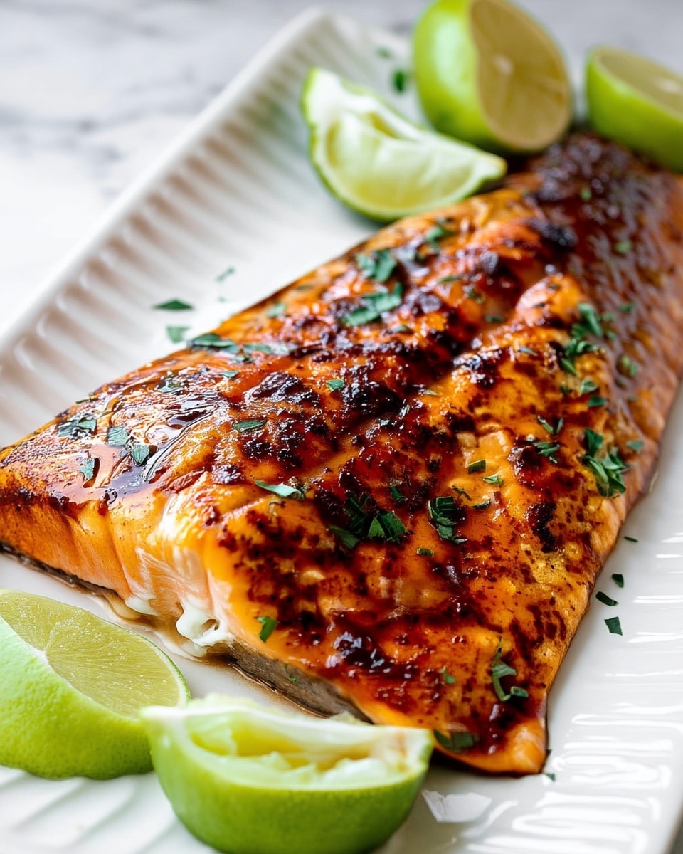 A close-up of a cooked salmon fillet with a dark golden brown crust and shiny glaze on top, sprinkled with small green herb pieces. The salmon is placed on a white plate with visible ridges along the edge. Around the salmon, there are six green lime wedges showing a fresh juicy texture. The whole scene is on a white marbled surface. photo taken with an iphone --ar 4:5 --v 7