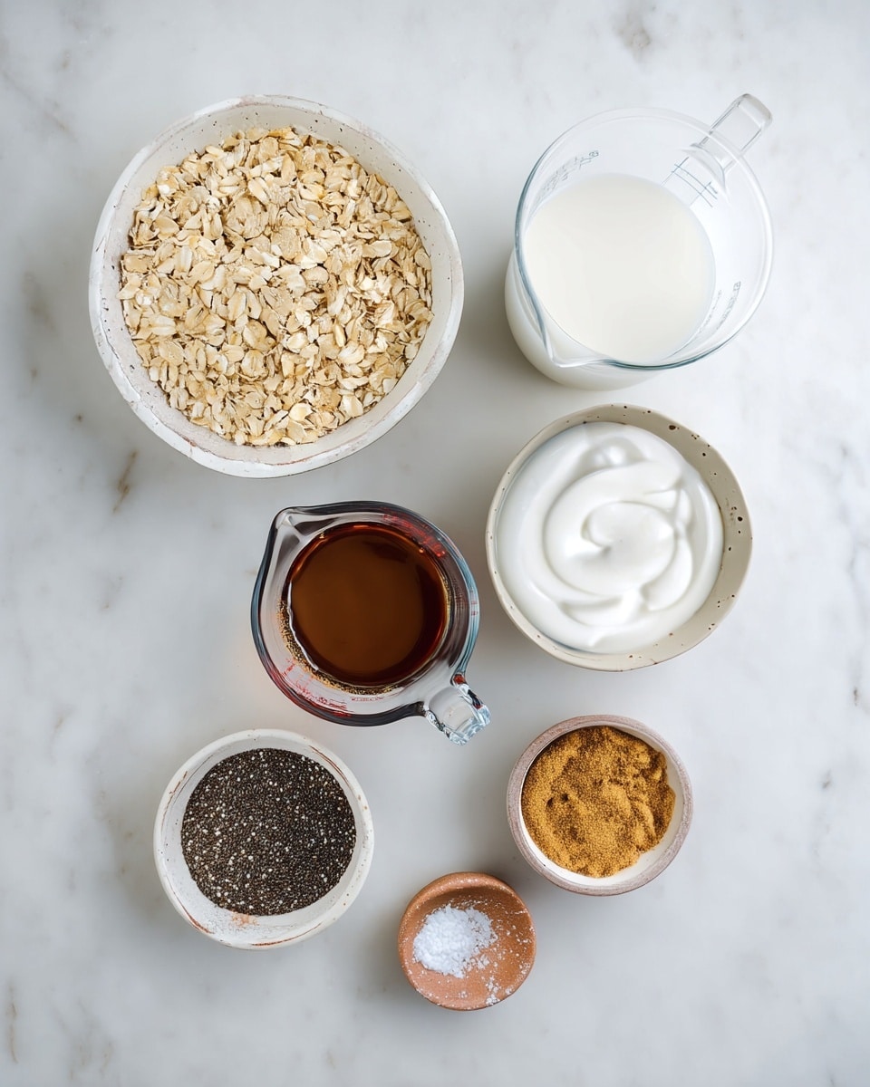 The image shows six containers with different ingredients on a white marbled surface. Starting from the top left, there is a white bowl filled with light brown rolled oats. To the right, a clear glass measuring cup holds white milk. Below and to the right of the oats, a white bowl contains thick white yogurt with a smooth texture and swirled top. Below the milk, there is a glass measuring cup with dark brown maple syrup. On the bottom left, a white bowl holds small, shiny black chia seeds. To the right of the seeds, another white bowl contains light brown ground flaxseed. At the very bottom, a small white bowl contains white salt. The arrangement is neat and evenly spaced. Photo taken with an iphone --ar 4:5 --v 7