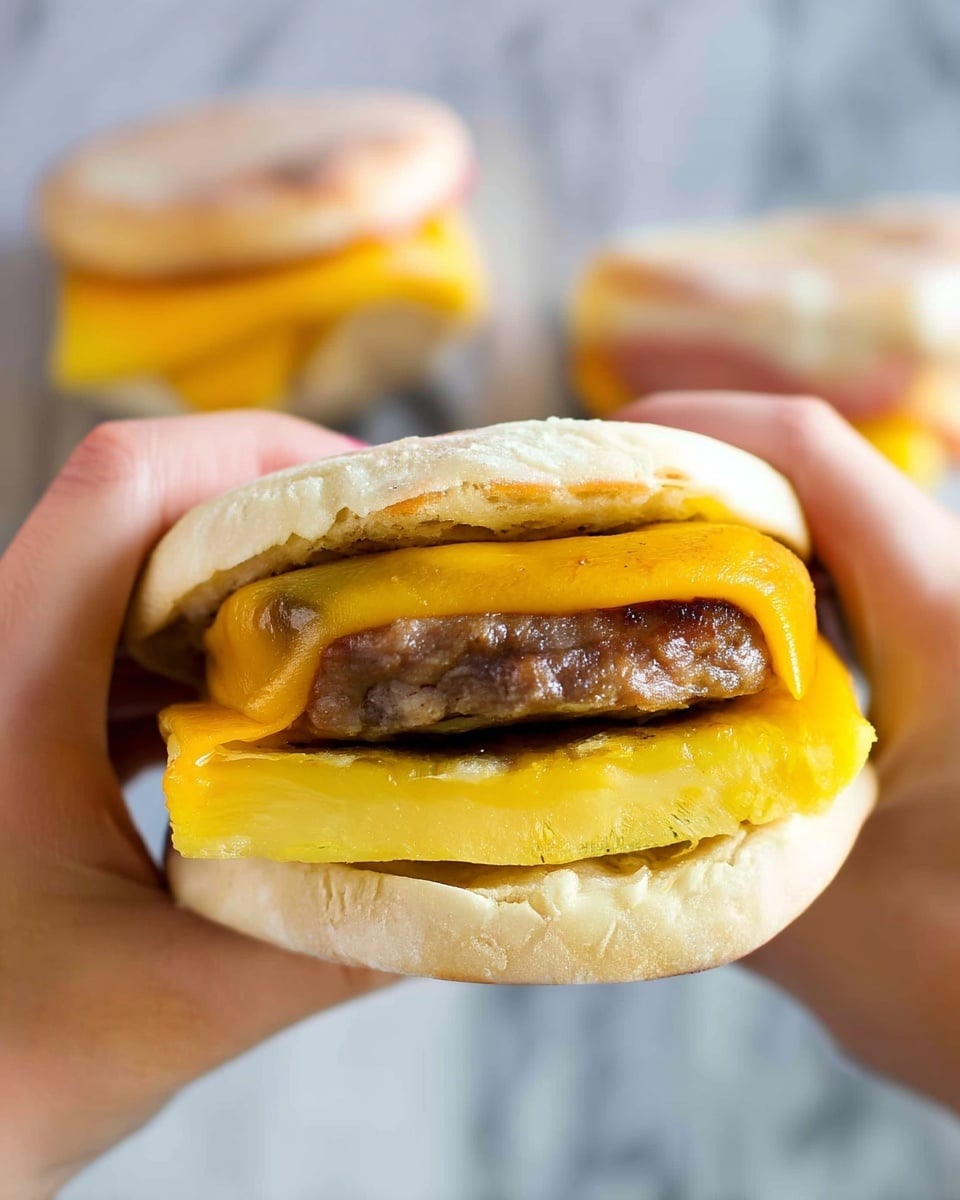 A close-up view of a sandwich held by two woman's hands, showing three main layers inside a soft, lightly toasted English muffin. The bottom layer is a piece of golden-yellow pineapple, smooth and slightly glossy. Above it sits a thick, juicy beef patty with a browned, slightly charred surface. On top of the patty is a rich, melted bright orange cheddar cheese slice that drapes down the sides. The top half of the English muffin rests on the cheese, completing the sandwich. In the blurred white marbled background, three similar sandwiches sit out of focus. photo taken with an iphone --ar 4:5 --v 7