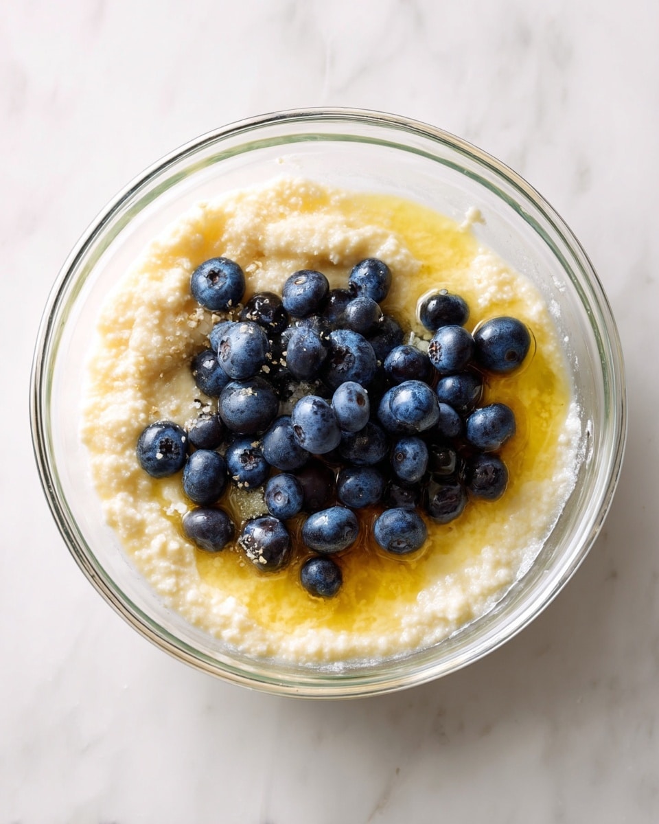 A clear glass bowl holds a mix of light, creamy batter with a slightly lumpy texture spread around the edges and a pool of melted butter in the middle. On top of the batter and butter are a generous handful of fresh, rich blue blueberries scattered unevenly, resting mostly in the center and partly toward the right side. The bowl sits on a white marbled surface, giving a clean and bright look to the scene. Photo taken with an iphone --ar 4:5 --v 7