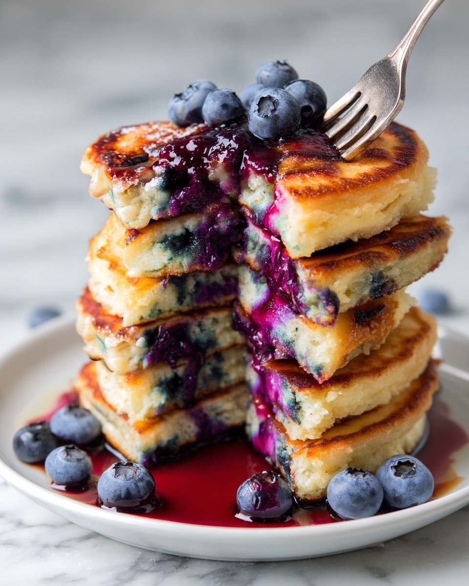 A stack of five thick blueberry pancakes sits on a white plate with syrup pooling around the base. The pancakes are golden brown on the outside with soft, light beige insides speckled with vivid purple and blue blueberries, some of which have burst to release juicy purple syrup that drips down the layers. A silver fork is lifting a piece from the middle of the stack, showing the fluffy texture and moist blueberry filling inside. Blueberries are scattered on the plate adding extra color. The scene is set on a white marbled surface. Photo taken with an iphone --ar 4:5 --v 7