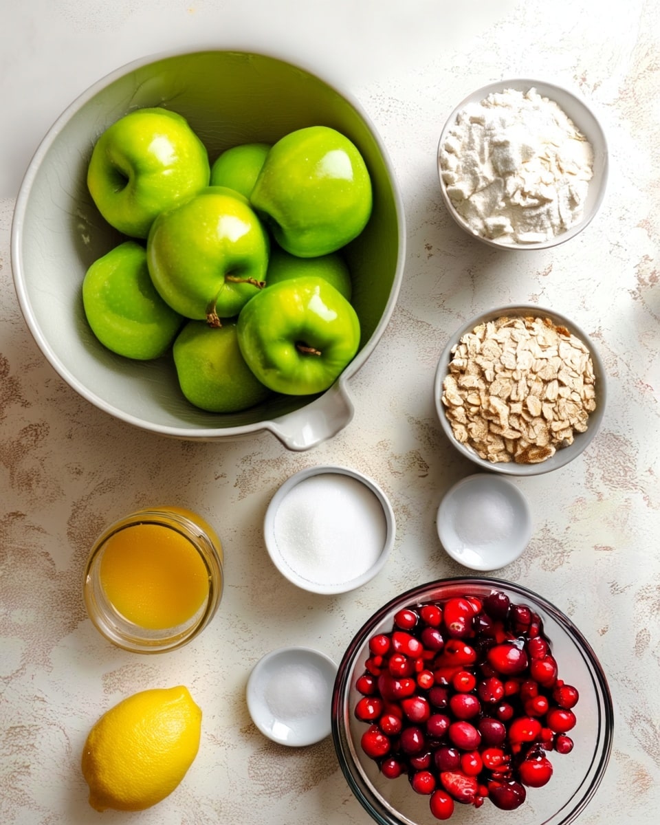 A white mixing bowl filled with seven bright green apples sits on the left side of the image on a white marbled surface. Around the bowl, there are six small white bowls arranged in a loose circle containing different ingredients: white flour, rolled oats, light brown sugar, white granulated sugar, a pinch of salt, and ground cinnamon. Below the bowls, a whole yellow lemon and an open jar of light yellow liquid, likely melted butter or juice, are visible. On the bottom right side, a clear glass bowl is filled with shiny deep red cranberries. The lighting is soft and natural, showcasing the fresh and dry textures clearly. photo taken with an iphone --ar 4:5 --v 7