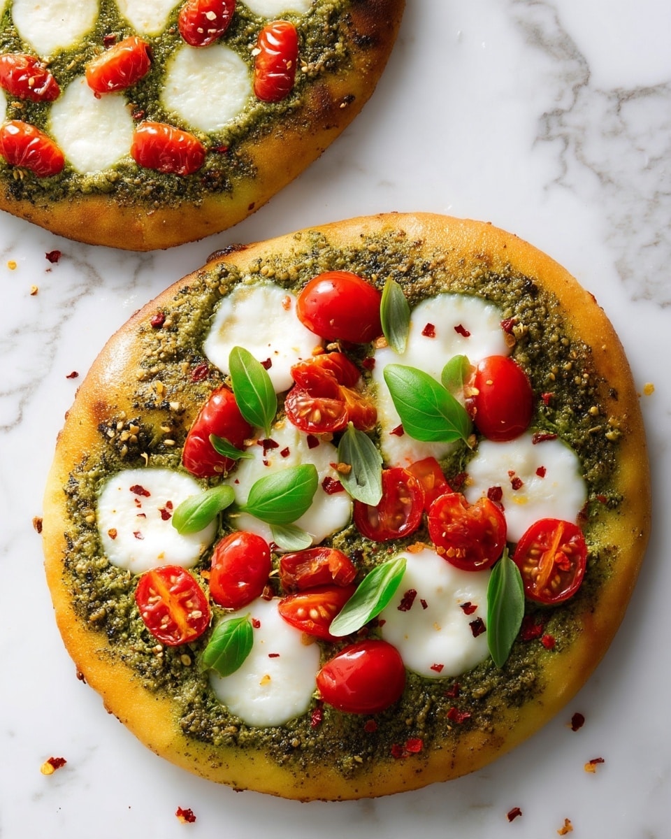 Two round pizzas on a white marbled surface, each with a golden brown crust as the first layer. On top of the crust is a thick, green pesto sauce spreading evenly as the second layer. The third layer has white, round mozzarella cheese slices spaced evenly on the pesto. Bright red, halved cherry tomatoes are scattered on top as the fourth layer, adding a fresh look. Small green basil leaves are spread out as the fifth layer, with a few red chili flakes sprinkled over all. The pizzas have a rustic, slightly uneven shape and look fresh and colorful. Photo taken with an iphone --ar 4:5 --v 7