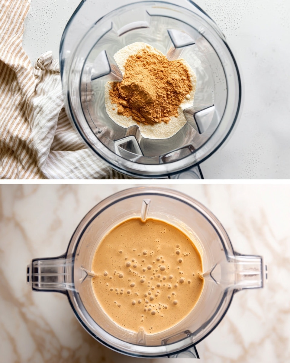A clear blender jar is shown from above on a white marbled surface with a cream and beige striped cloth nearby. In the first image, there is a white, grainy mixture in the bottom center of the blender with a heap of light brown powder on top. In the second image, the contents have been blended into a smooth, light tan liquid with small bubbles across the surface. Photo taken with an iphone --ar 4:5 --v 7