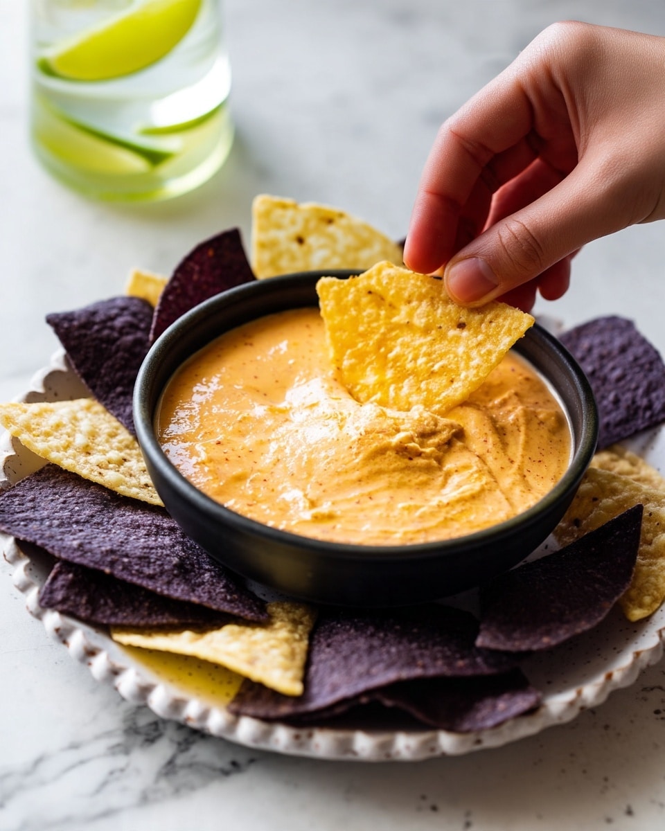 A black bowl filled with creamy, light orange dip that has a smooth texture and slight speckling, placed on a white plate with scalloped edges, sitting on a white marbled surface; the dip has three tortilla chips dipped in it, two dark purple chips and one yellow chip, with a woman's hand holding another yellow chip dipping into the creamy dip, extra chips scattered around the bowl, soft natural lighting highlighting the colors and textures, a glass with lime slices partially visible in the top left corner photo taken with an iphone --ar 4:5 --v 7