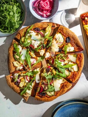 Veggie Pizza with Romesco, Mushrooms, and Artichoke Hearts Recipe