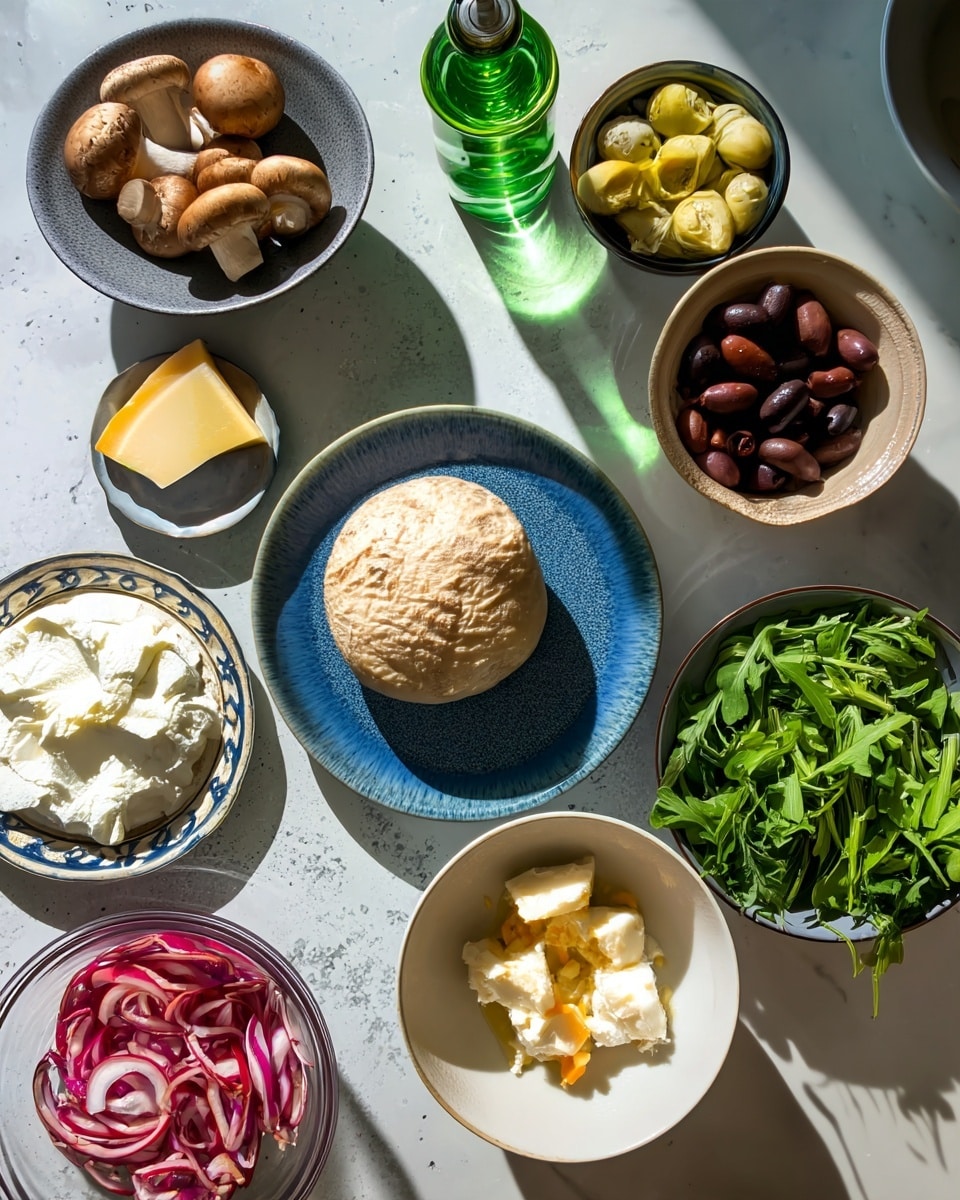 The image shows different ingredients laid out on a white marbled surface in small bowls and plates. In the center, there is a round ball of dough on a blue plate. To the left, there is a grey bowl full of brown mushrooms, a small white plate with two yellow cheese slices, and a patterned bowl with white ricotta cheese. At the top center, a green bottle casts a shadow. Next to it is a small white bowl filled with artichoke hearts. On the right side, there is a white bowl with a bright orange spread. Below it is a clear glass bowl of sliced red onions. Further right, a white bowl is filled with green arugula leaves, and above it, a green zucchini lies on the surface. To the top right, there is a beige bowl filled with dark purple olives. All the bowls and plates are arranged neatly with shadows giving depth. Photo taken with an iphone --ar 4:5 --v 7