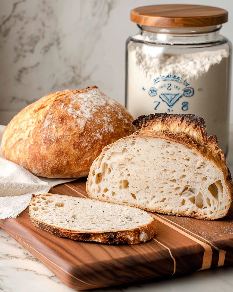 The image shows a rustic loaf of bread with a rough, golden-brown crust and a soft, light beige inside with irregular holes. The bread is sliced into three parts: two thick standing slices at the back and one thin slice laying flat in front. The loaf is placed on a wooden cutting board with visible grain patterns. A white cloth is loosely draped on the board near the bread. In the background, there is a clear glass jar filled with flour and topped with a wooden lid, and a large white crock with blue numbers and designs. The surface beneath the cutting board is a white marbled texture. Photo taken with an iphone --ar 4:5 --v 7