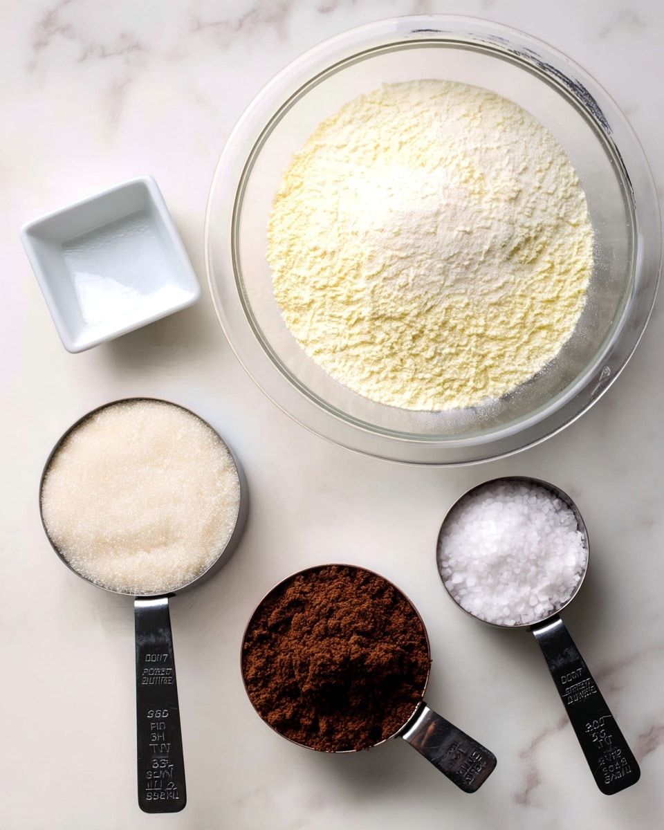 A clear glass bowl filled with a mound of light yellowish flour sits on a white marbled surface, surrounded by four smaller bowls and measuring cups arranged neatly around it. To the left, a white measuring cup holds granulated white sugar, while a black measuring cup in front of it contains a heap of light brown powder, likely cocoa. Above the sugar, there is a small square white bowl filled with fine salt. All items are neatly spaced on the white marbled background, showing a clean and organized setup. photo taken with an iphone --ar 4:5 --v 7