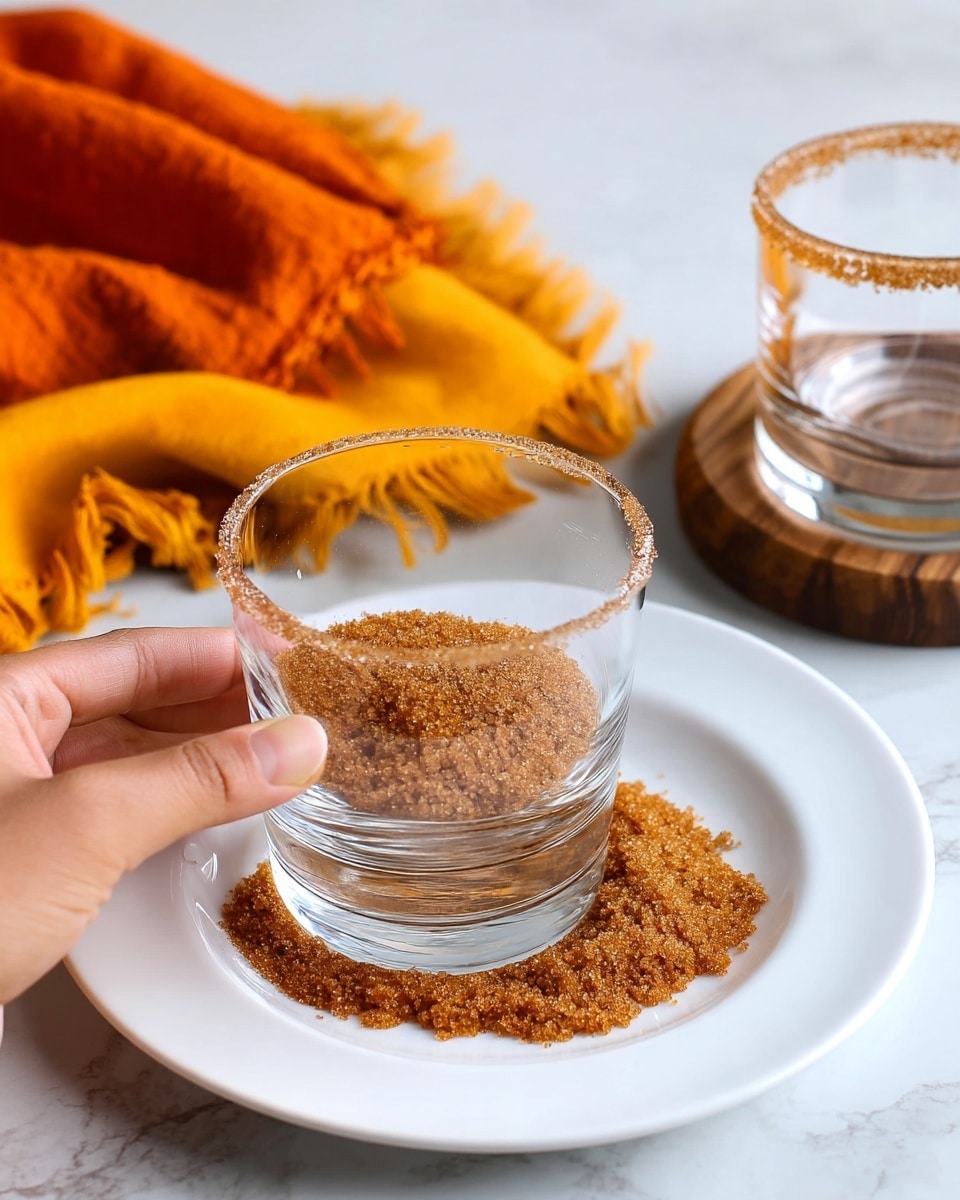A close-up image shows a clear glass being pressed upside down into a white plate filled with a single layer of coarse brown sugar, which sticks around the rim of the glass. A woman's hand holds the glass from the bottom left corner of the image. The scene is set on a white marbled surface with a blurred orange cloth with fringed edges in the top background and another glass with brown sugar around its rim on a round wooden coaster to the right. Photo taken with an iphone --ar 4:5 --v 7