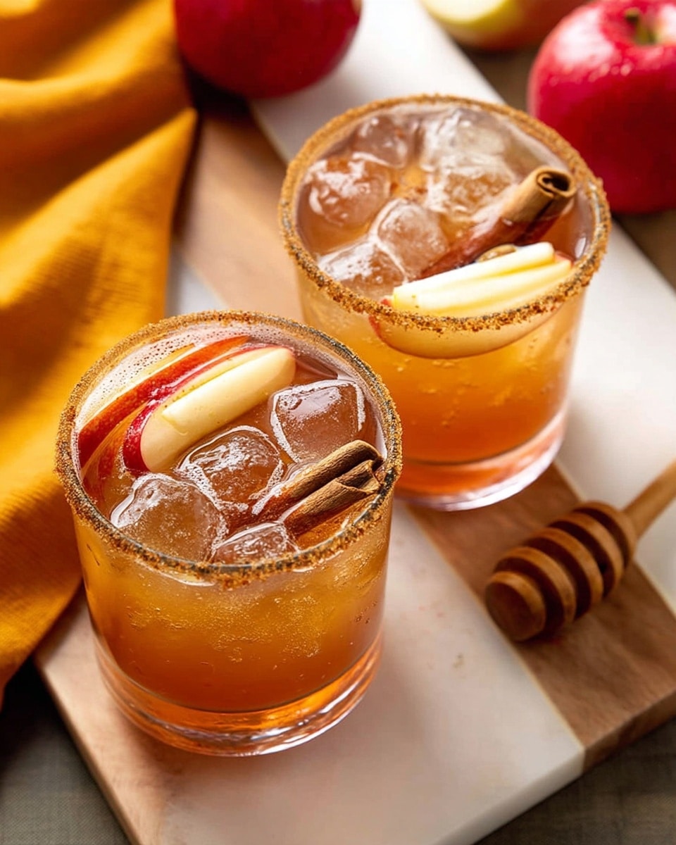 Two clear glasses filled with a light brown iced drink are shown from above. Each glass has a rim coated in a crumbly brown spice mix, filled with large ice cubes floating on top. Inside the drinks, thin apple slices with red skin and a cinnamon stick add texture and color. The glasses sit on a white marbled surface with a wooden board beneath them. An orange cloth lies on the left side, and a honey dipper, red apples, and part of a glass container are visible around the glasses. photo taken with an iphone --ar 4:5 --v 7