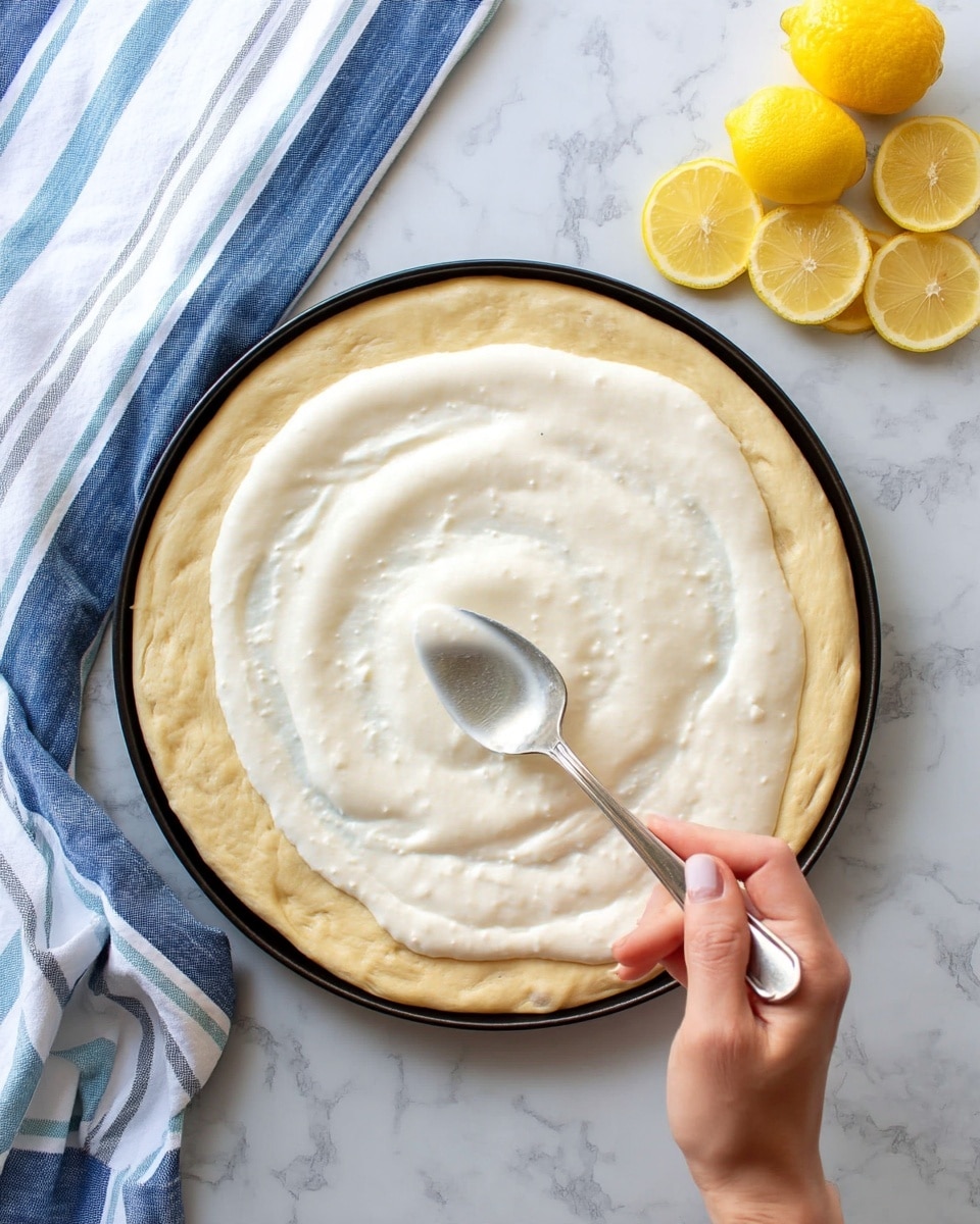 A round pizza dough with a light beige color is spread out evenly on a black round pan. On top, a white creamy sauce is being spread in a thin, smooth layer toward the edges. A woman's hand is holding a silver spoon, gently spreading the sauce in the center area. The background is a white marbled texture with a striped blue and white cloth on the left side and some sliced lemons on the top right edge. photo taken with an iphone --ar 4:5 --v 7