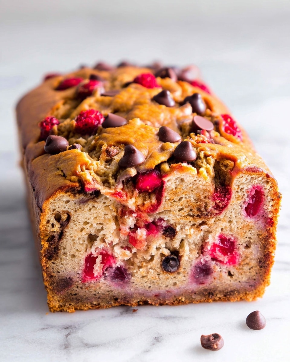 The image shows a close-up of a loaf of cake on a white marbled surface. The cake is light brown with a slightly rough top layer dotted with dark chocolate chips and small red berries, giving texture and color contrast. A slice is cut from the loaf and tilted forward, showing the inside which is moist with red berry pieces and chocolate chips scattered throughout. The top layer looks crunchy while the inside is soft with visible chunks of berries and chocolate. photo taken with an iphone --ar 4:5 --v 7