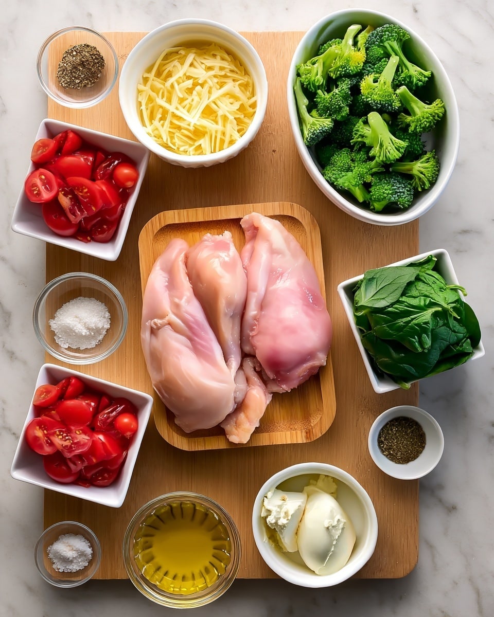 The image shows a wooden board in the center with two raw, pale pink chicken pieces placed side by side. Around the board, there are several white bowls containing different ingredients: bright green broccoli florets in an oval bowl at the top right, fresh spinach leaves in a square bowl below the broccoli, and bright red halved cherry tomatoes in a square bowl at the lower left. Other small white bowls hold grated yellow cheese, minced light yellow garlic, soft white cheese, brown dried herb mix, and a yellow liquid, likely oil. There are also two clear bowls with salt and black pepper. The background is a white marbled surface. Photo taken with an iphone --ar 4:5 --v 7