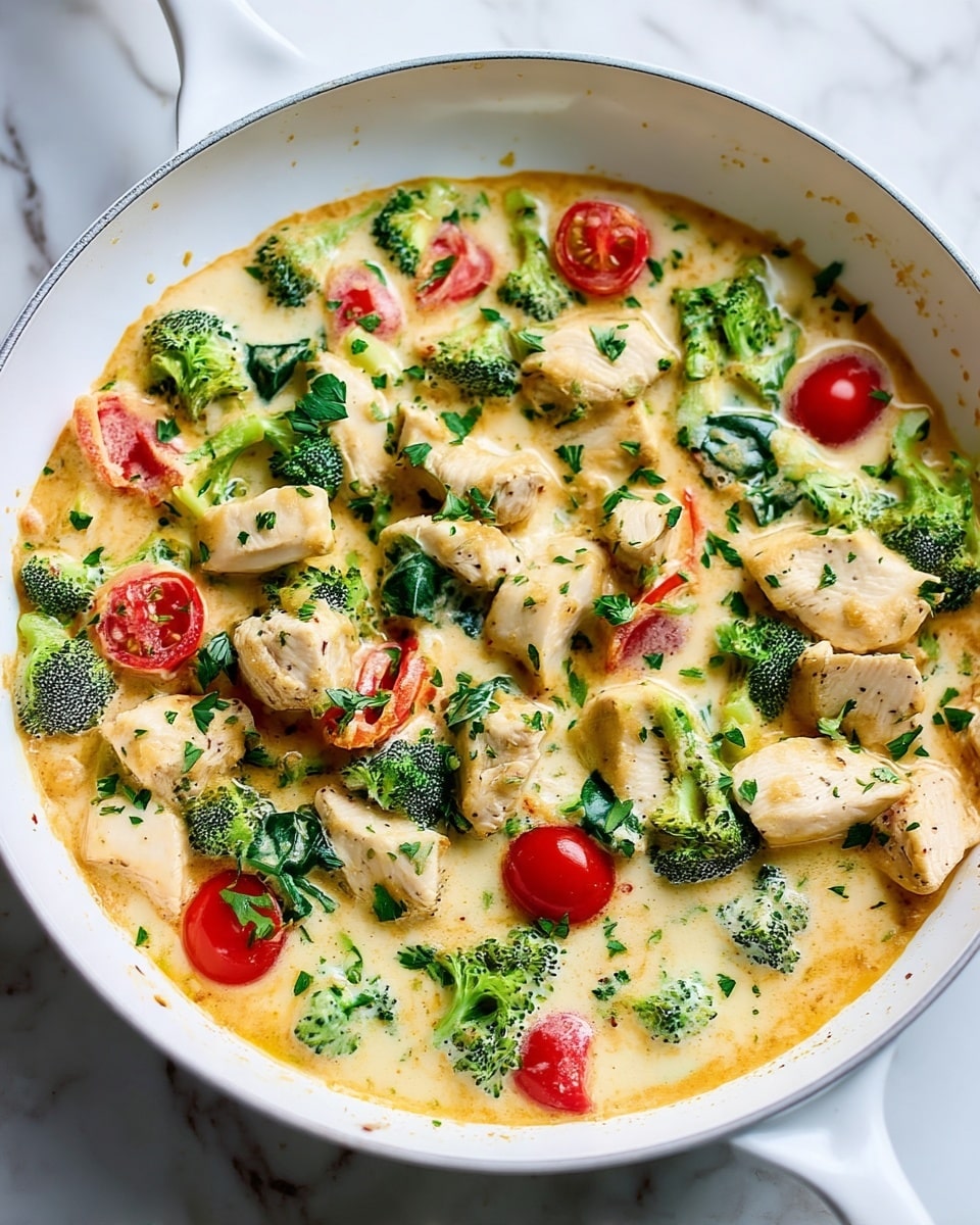 The image shows a creamy chicken dish in a white pan with several layers. The first layer is creamy sauce with a light yellow color and smooth texture covering everything. On top, pieces of white chicken chunks are spread unevenly. Bright green broccoli florets and green spinach leaves add pops of color mixed with the chicken. Small, halved red cherry tomatoes are scattered throughout, and finely chopped herbs, likely parsley, are sprinkled on top, giving green specks across the dish. The creamy sauce has a few darker spots showing seasoning. The pan sits on a white marbled surface. Photo taken with an iphone --ar 4:5 --v 7