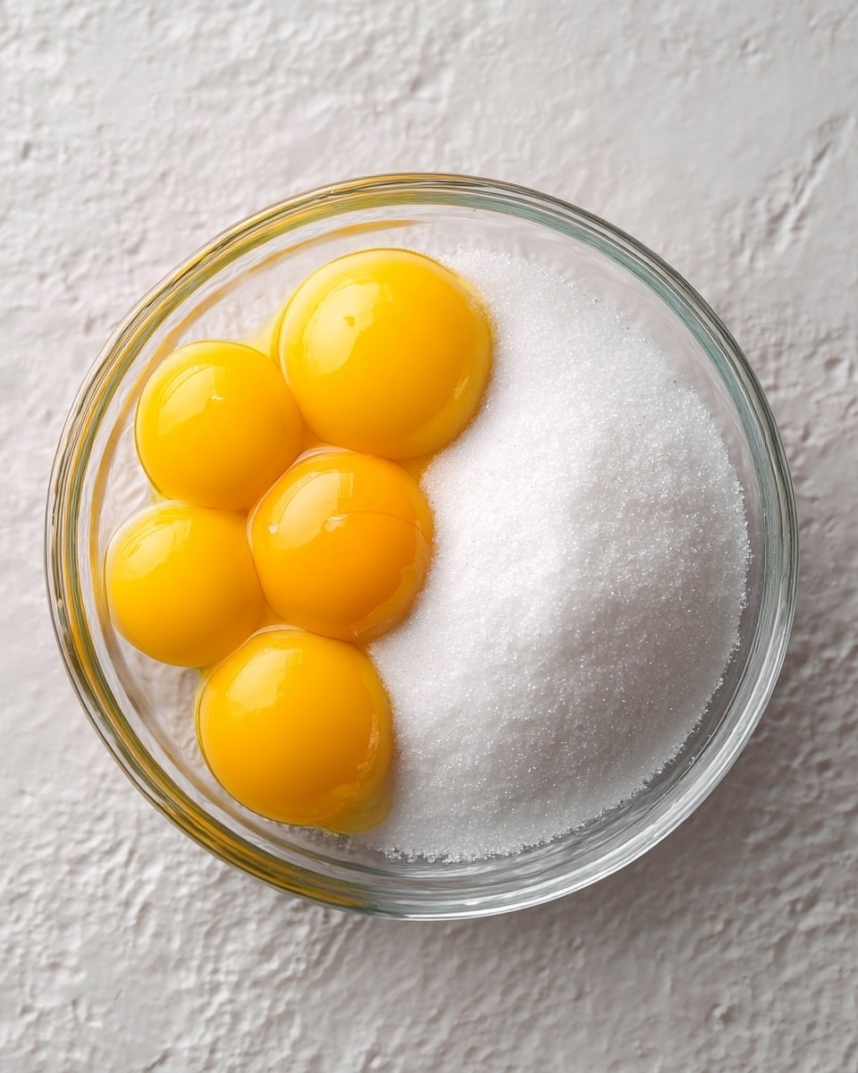 A clear glass bowl sits on a white marbled surface, containing five bright yellow egg yolks on the left side and a large mound of white granulated sugar on the right side. The egg yolks have a shiny, smooth texture, while the sugar forms a fine, powdery layer next to them. The bowl’s transparent quality allows the light to softly reflect within, and the textured white marble underneath adds subtle contrast. photo taken with an iphone --ar 4:5 --v 7