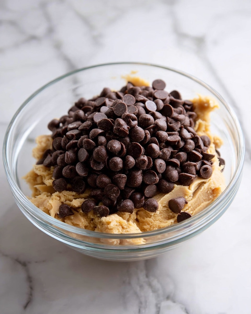 A clear glass bowl filled with cookie dough that has a light beige color and soft, slightly rough texture. On top of the dough, there is a large pile of dark brown chocolate chips, making a thick layer in the center of the bowl. The bowl sits on a white marbled surface that has subtle grey vein patterns. Some dough is stuck on the sides of the bowl. Photo taken with an iphone --ar 4:5 --v 7