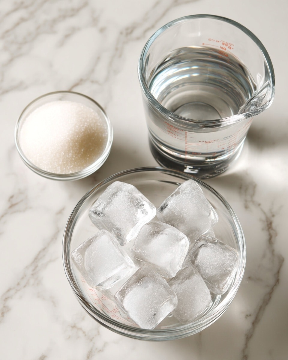 The image shows a clear glass bowl filled with large, clear ice cubes placed on a white marbled surface. To the left of the bowl, there is a small clear glass container with white granulated sugar inside. Behind the sugar container, there is a clear glass measuring cup filled with water. The scene has a clean and fresh look with the transparent glassware and white marbled background. photo taken with an iphone --ar 4:5 --v 7