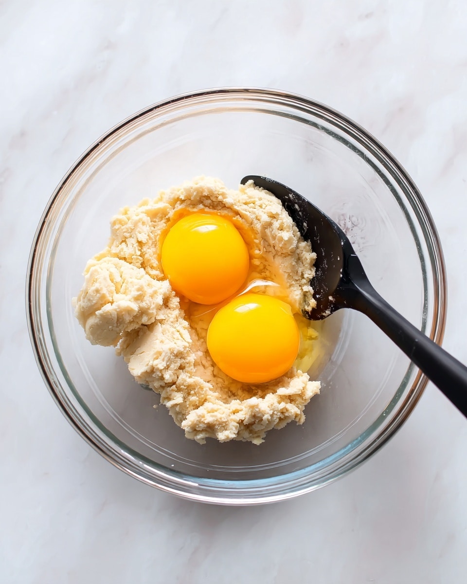 A clear glass bowl sits on a white marbled surface, holding two bright yellow raw egg yolks next to a clump of light beige dough or batter. A black spatula is inside the bowl resting on the dough, showing its slight softness and crumbly texture. The bowl is viewed from above, and the colors contrast with the white marbled background, highlighting the smoothness of the egg yolks and the roughness of the dough photo taken with an iphone --ar 4:5 --v 7