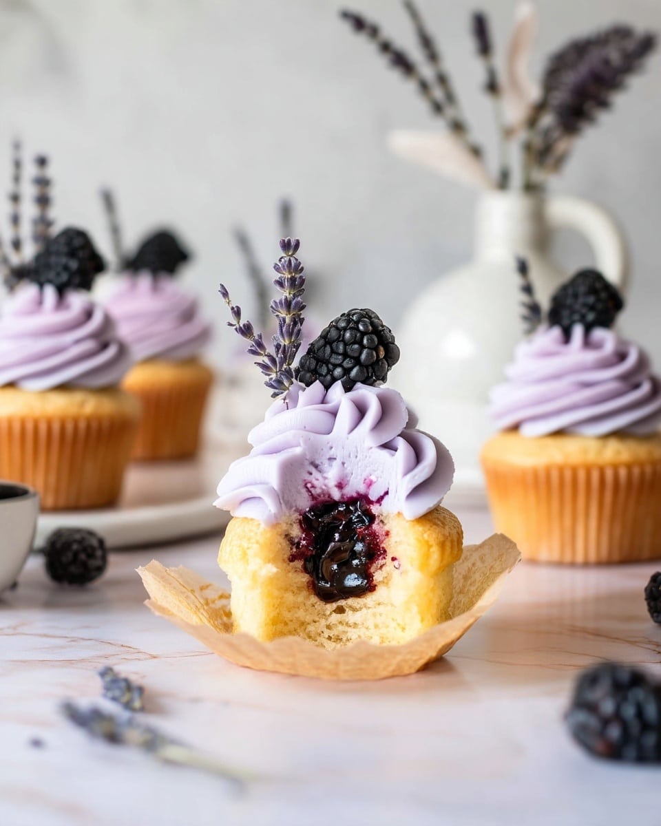A light yellow cupcake with a soft texture sits open-faced on a torn light brown paper liner, showing a dark purple blackberry jam center inside. On top, pale lavender swirled frosting forms thick, smooth waves, crowned with a fresh black blackberry and a small sprig of purple lavender flowers standing upright. In the background, three similar cupcakes with the same frosting and blackberry topping are resting on a white marbled surface, with a blurred white vase holding dried lavender stems adding a soft touch. Photo taken with an iphone --ar 4:5 --v 7